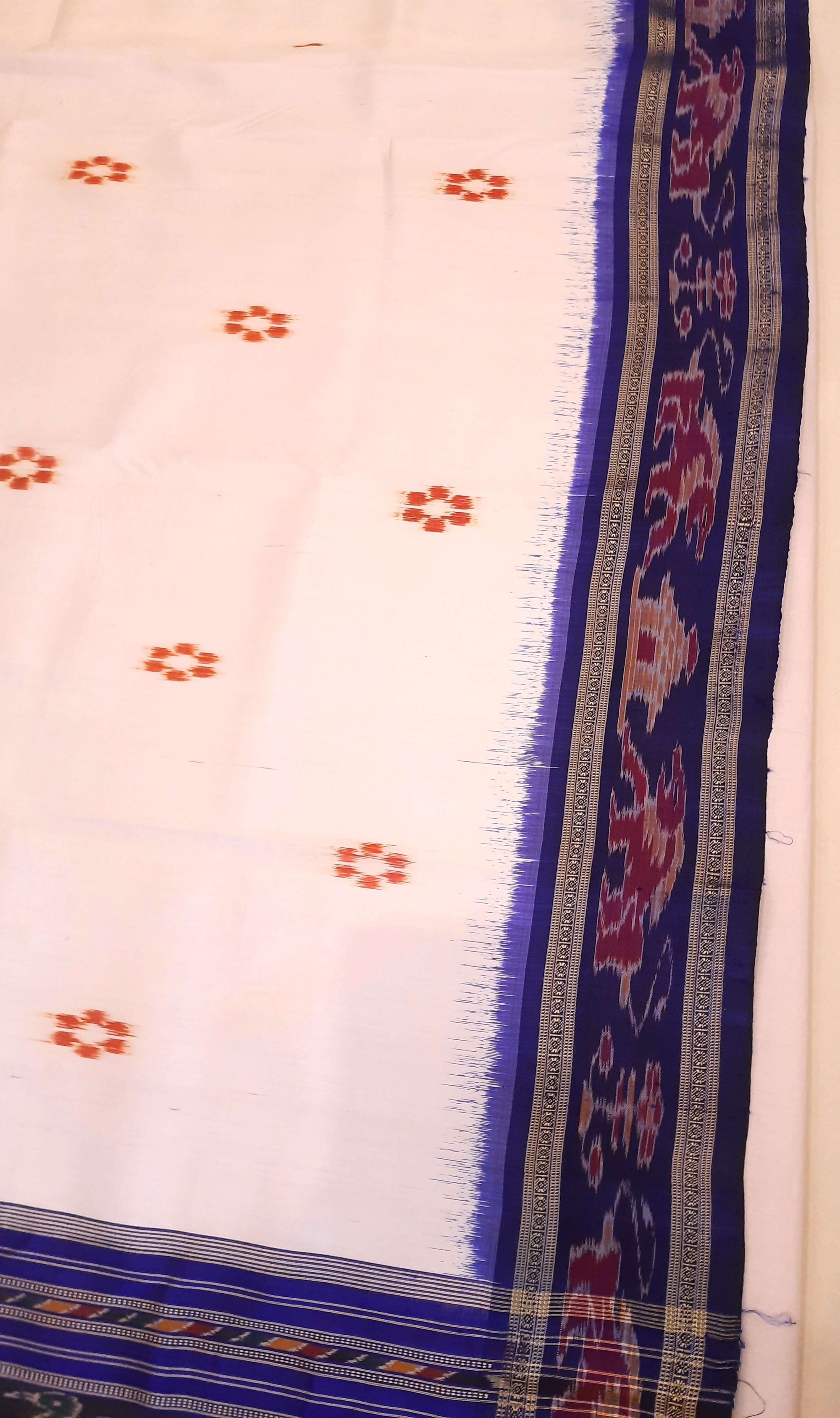 White wide border Odisha Khandua Pata Silk Saree with cotton ikat blouse piece