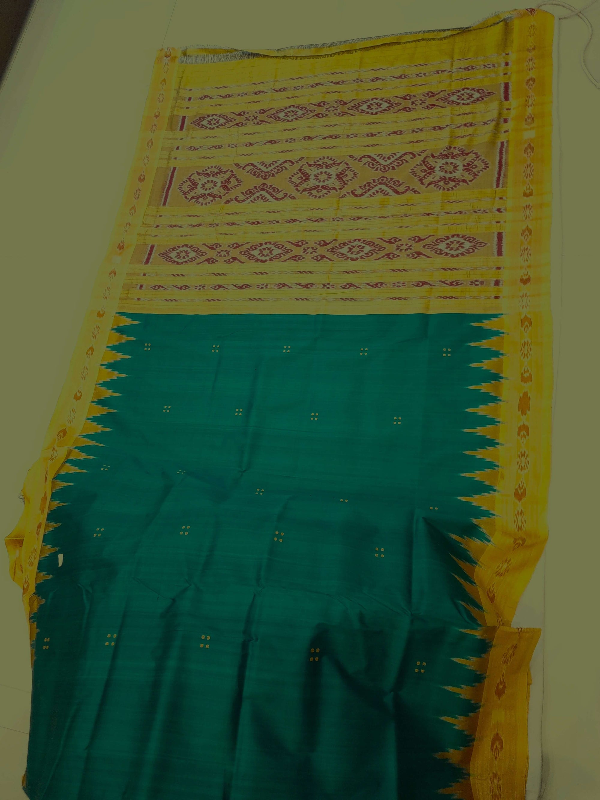 Green Odisha Khandua Pata Silk Saree with cotton ikat blouse piece