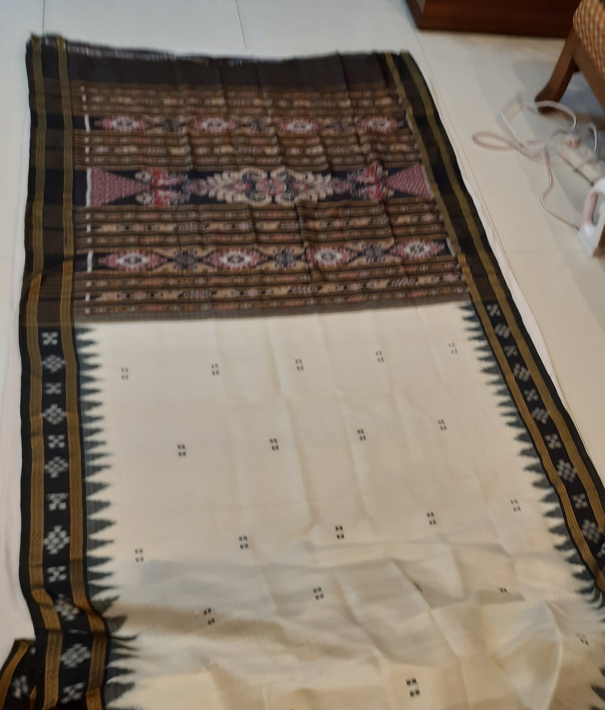 White Black Odisha Khandua Pata Silk Saree with cotton ikat blouse piece