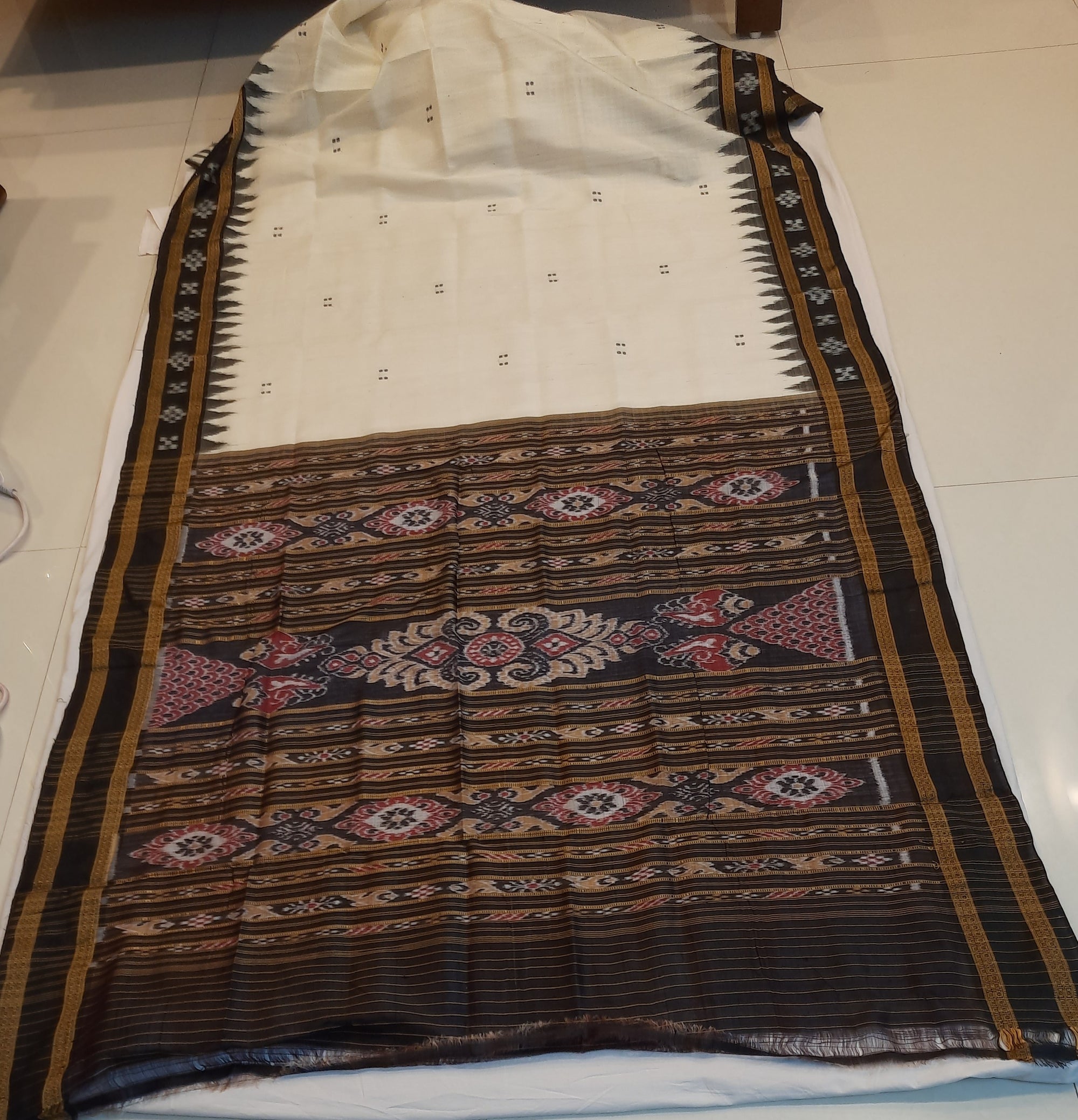 White Black Odisha Khandua Pata Silk Saree with cotton ikat blouse piece