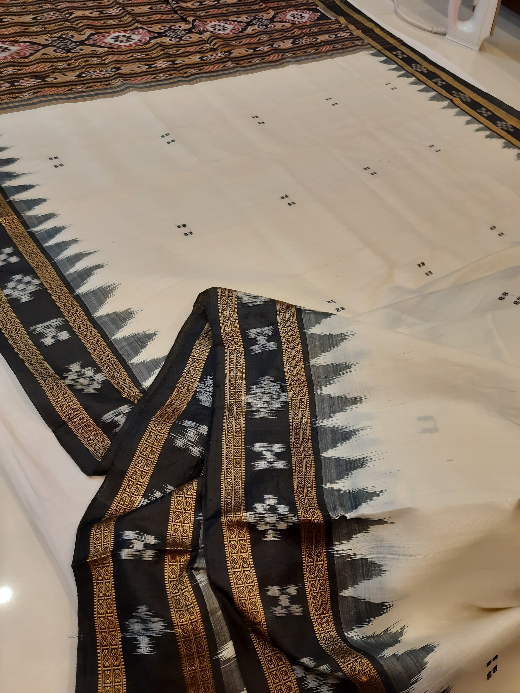 White Black Odisha Khandua Pata Silk Saree with cotton ikat blouse piece