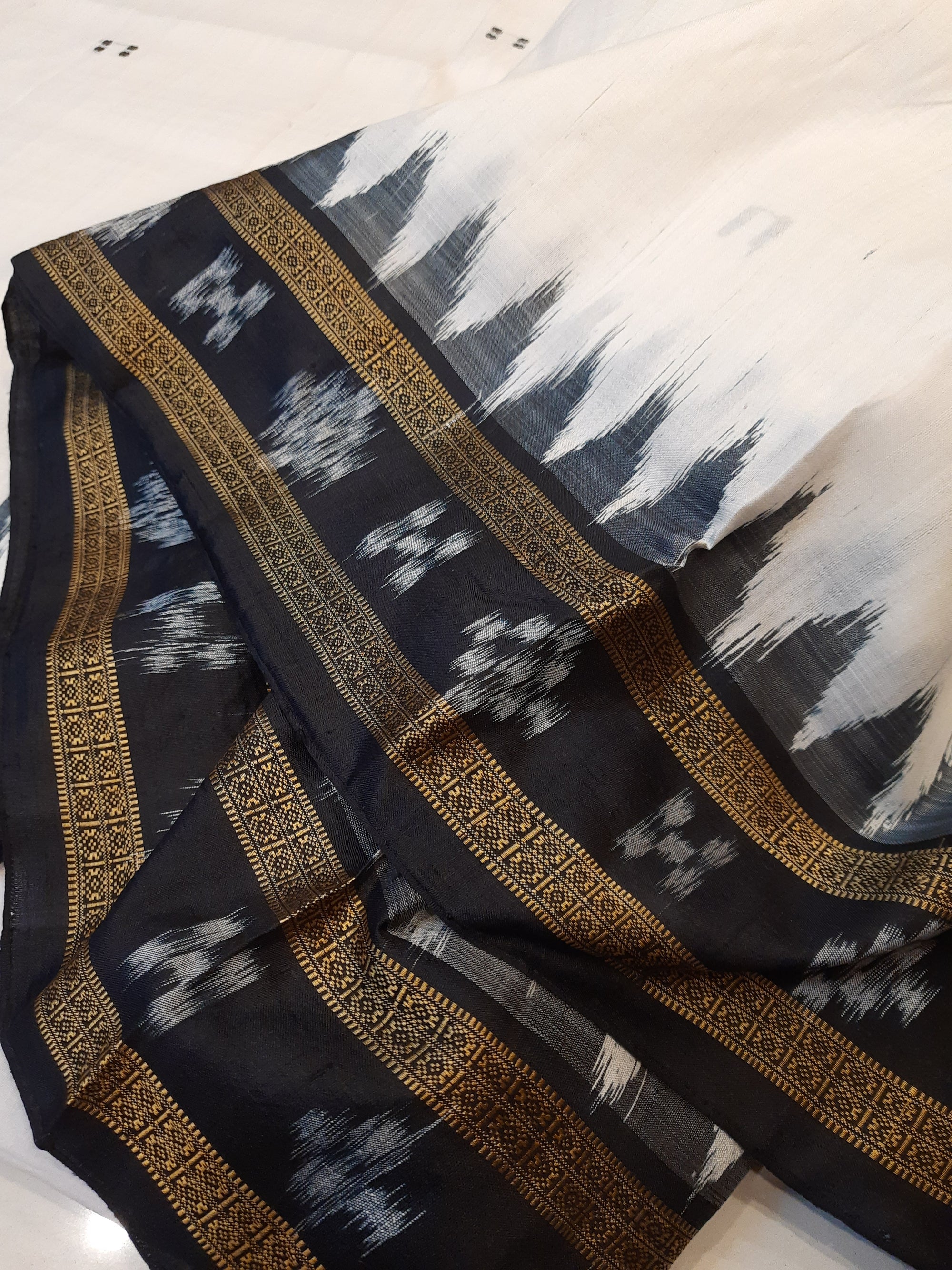 White Black Odisha Khandua Pata Silk Saree with cotton ikat blouse piece