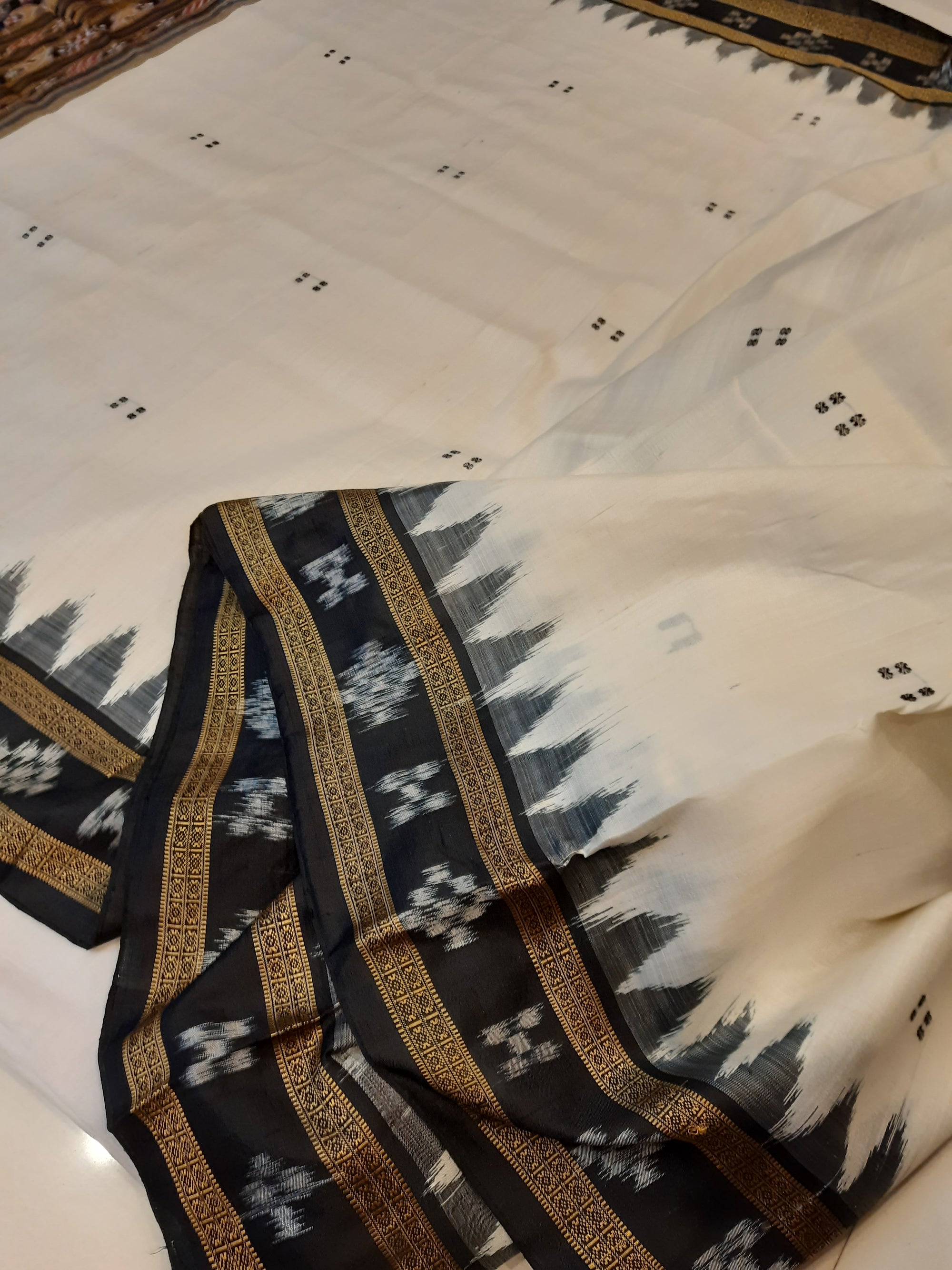 White Black Odisha Khandua Pata Silk Saree with cotton ikat blouse piece