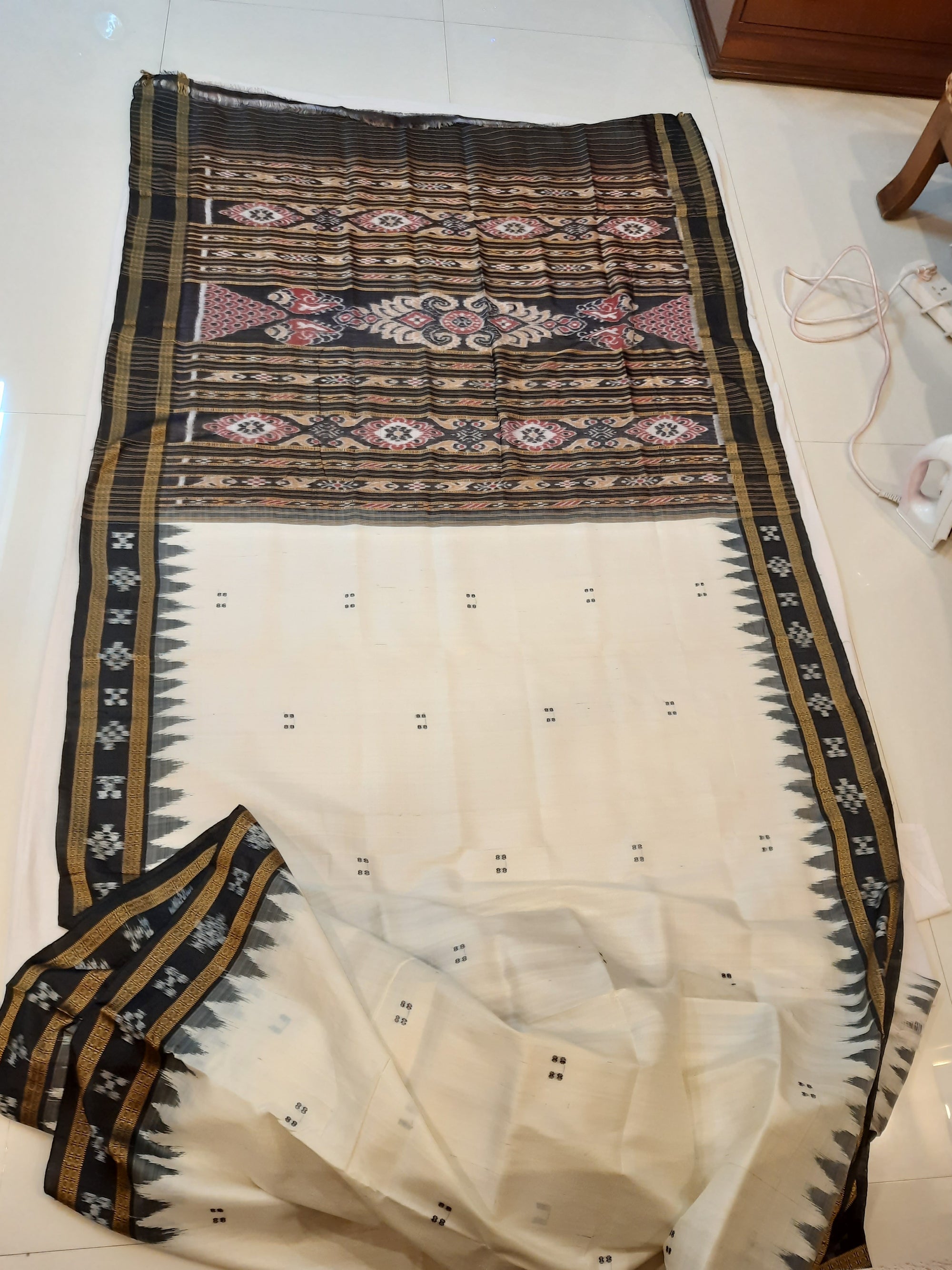 White Black Odisha Khandua Pata Silk Saree with cotton ikat blouse piece