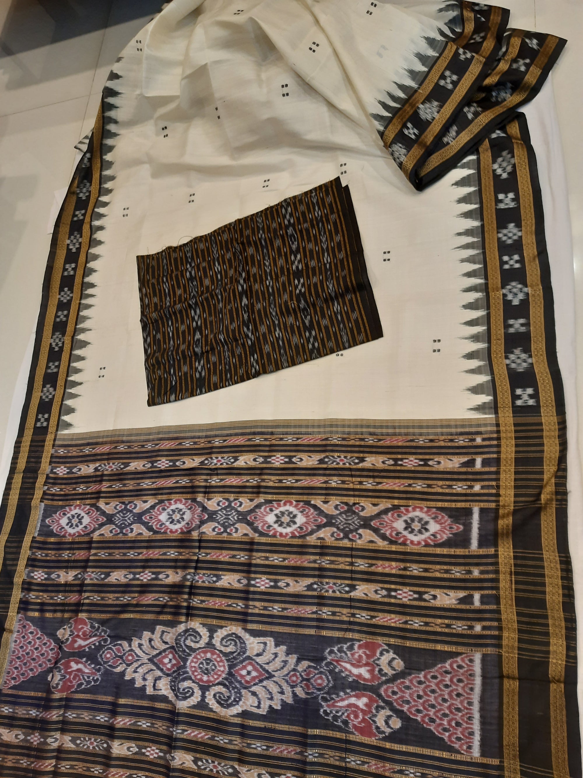 White Black Odisha Khandua Pata Silk Saree with cotton ikat blouse piece