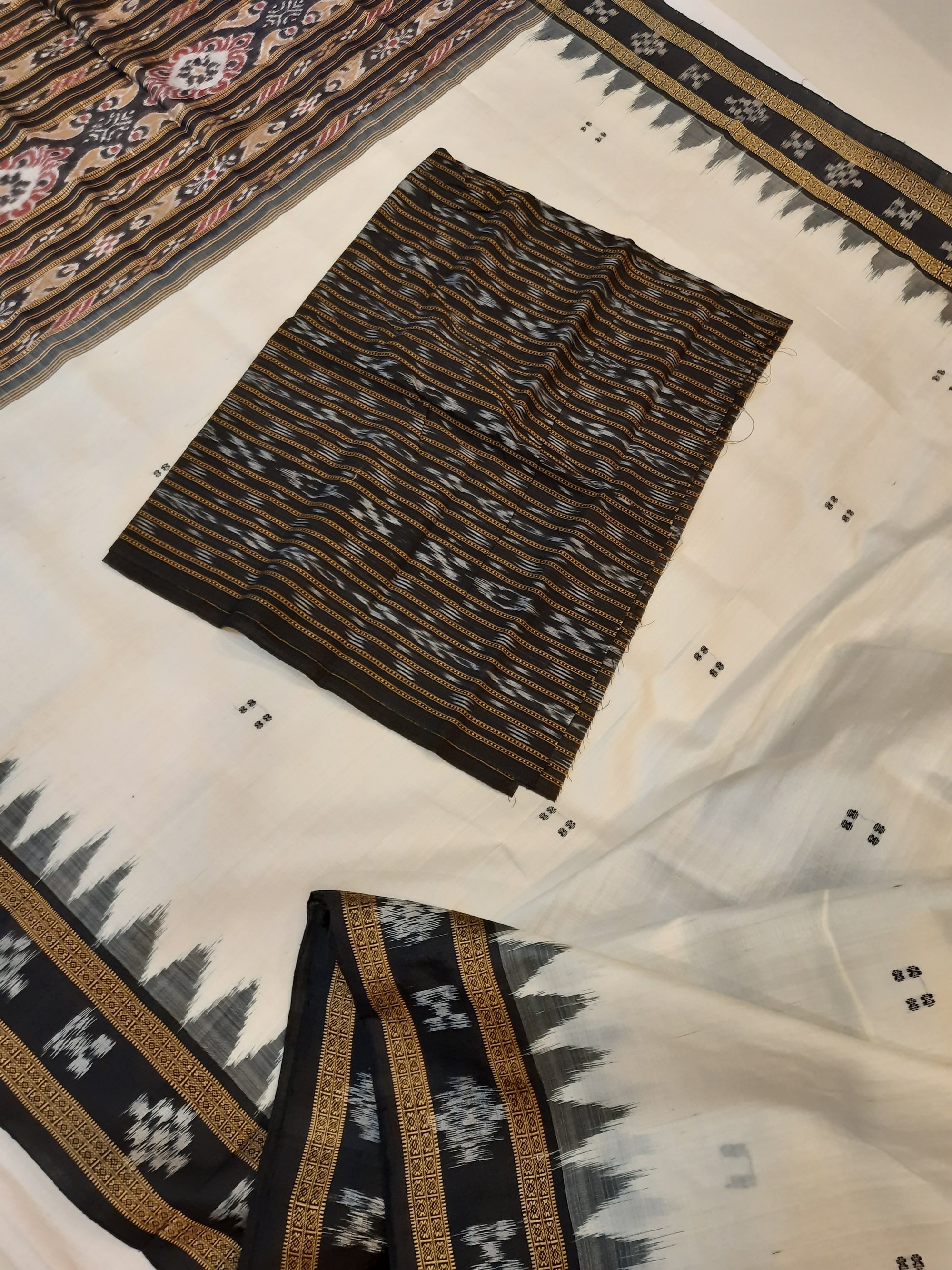 White Black Odisha Khandua Pata Silk Saree with cotton ikat blouse piece