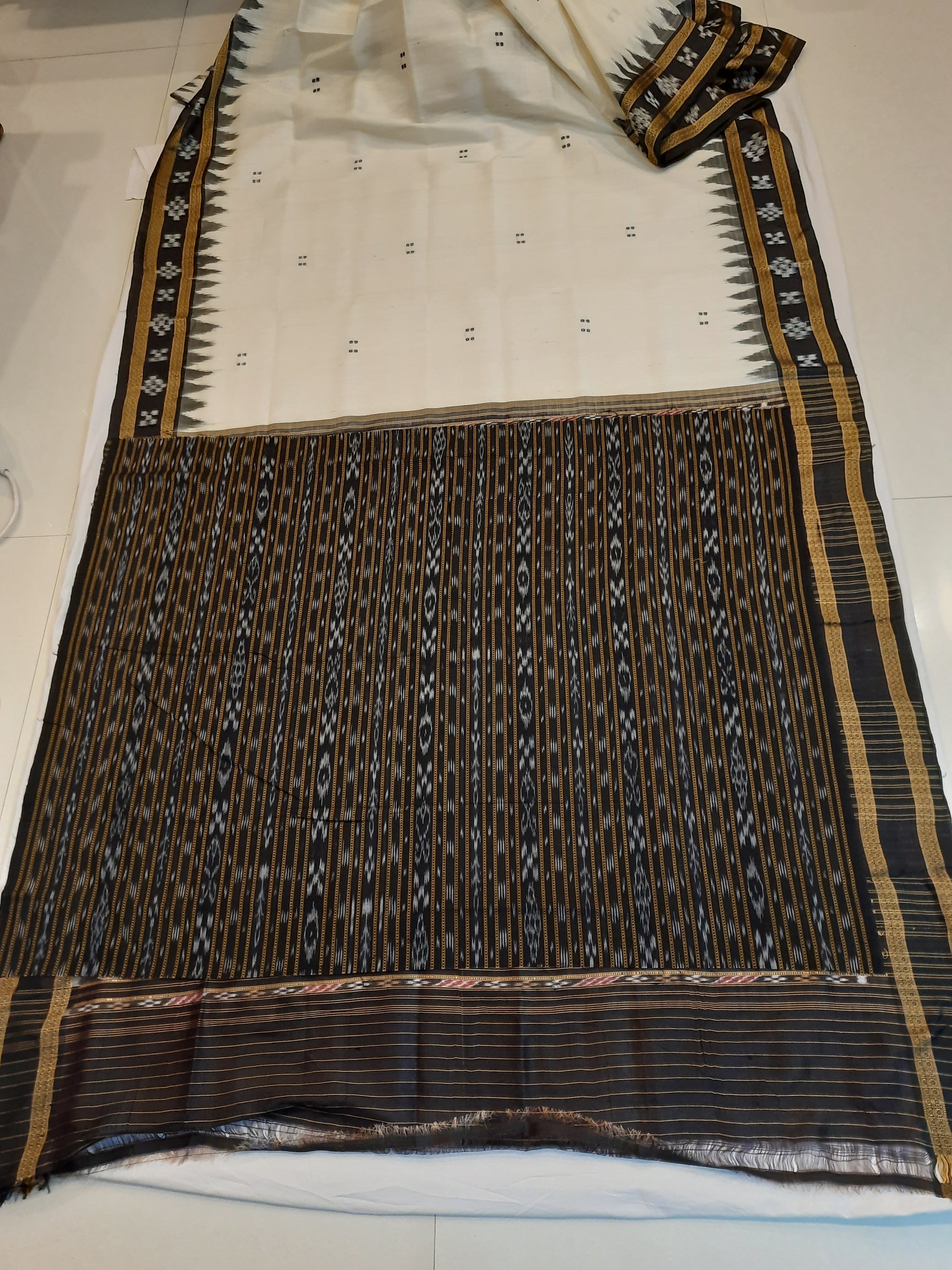 White Black Odisha Khandua Pata Silk Saree with cotton ikat blouse piece