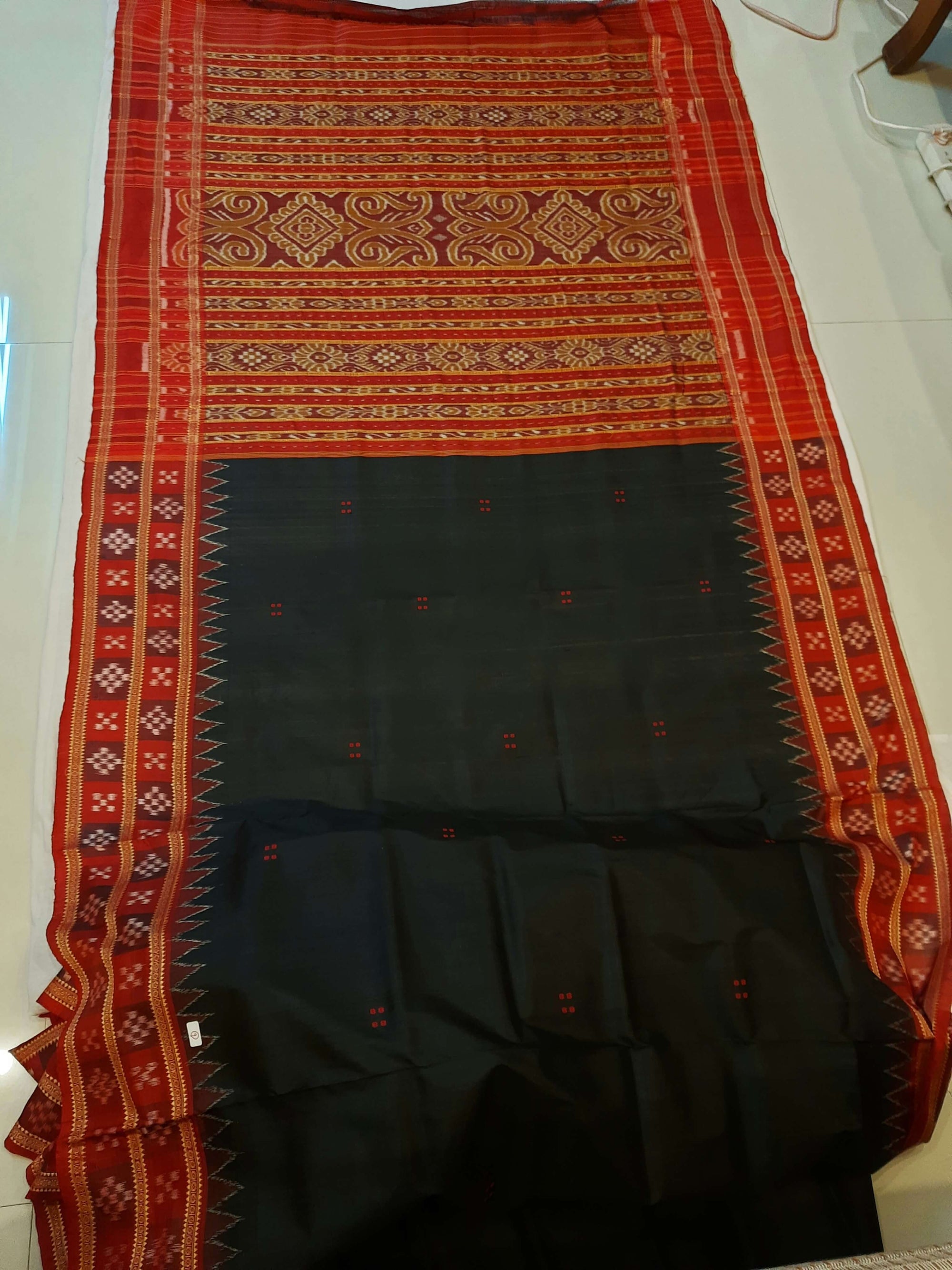Black Red Double Border Odisha Khandua Pata Silk Saree with cotton ikat blouse piece