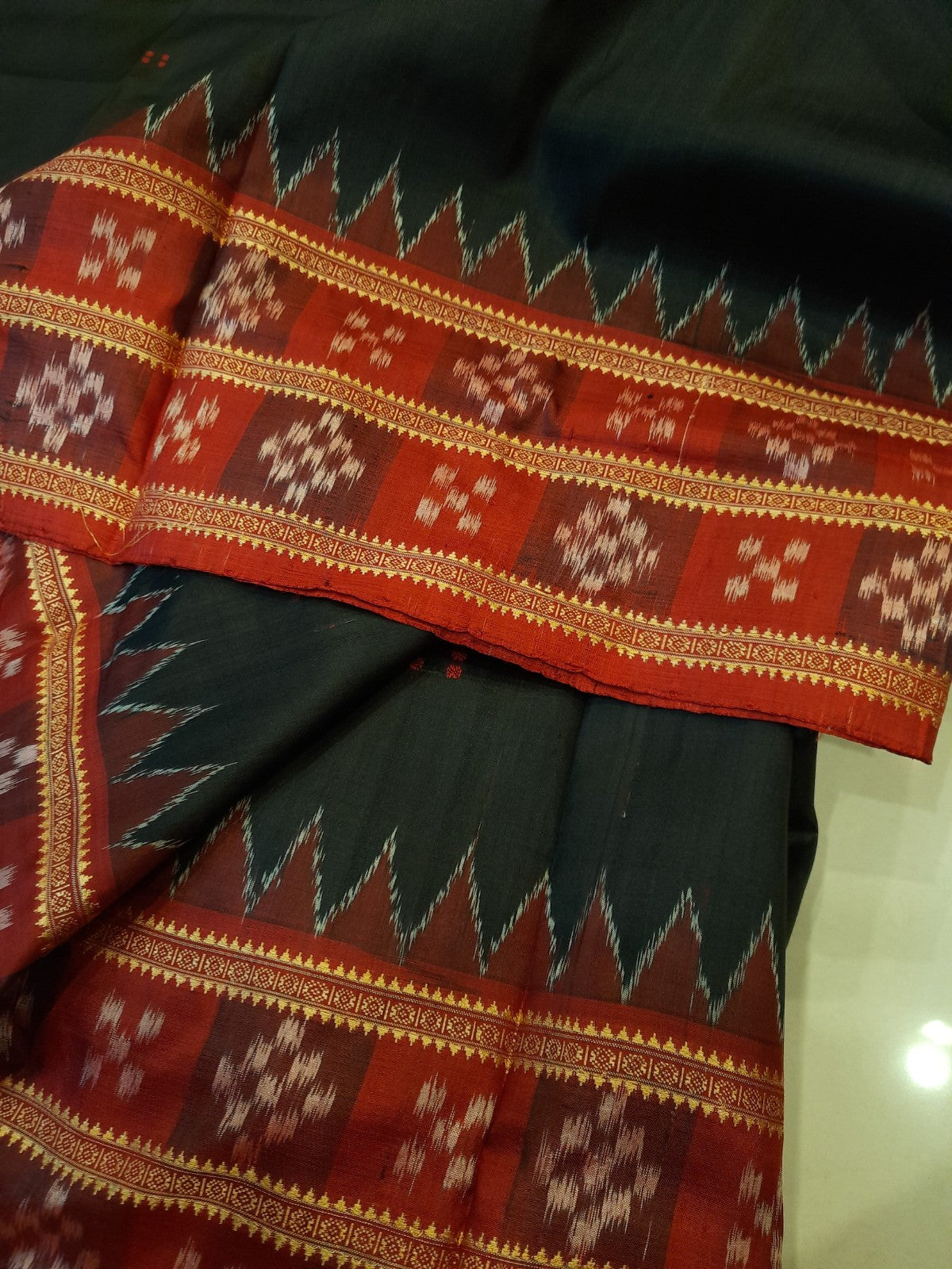 Black Red Double Border Odisha Khandua Pata Silk Saree with cotton ikat blouse piece