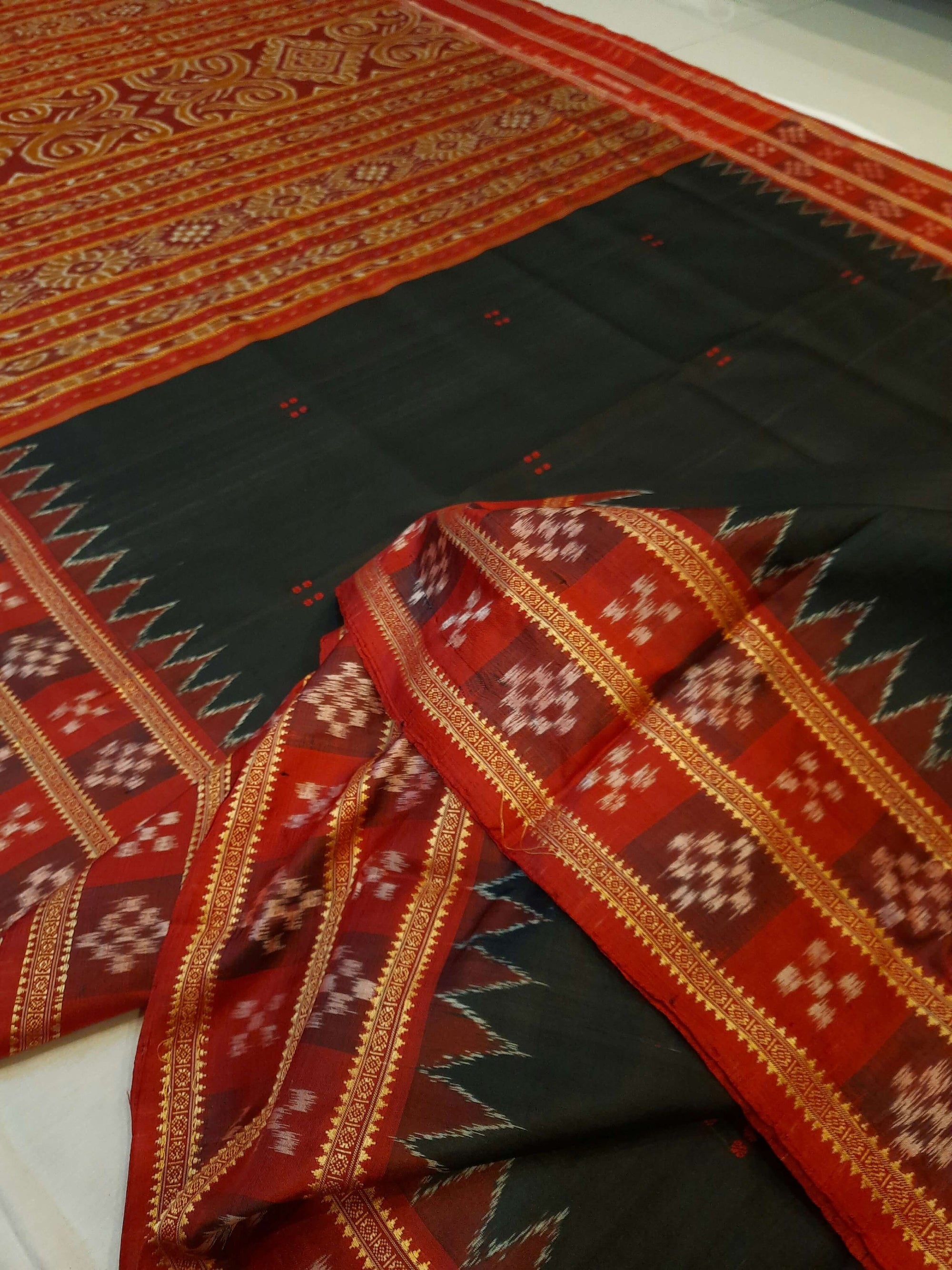 Black Red Double Border Odisha Khandua Pata Silk Saree with cotton ikat blouse piece