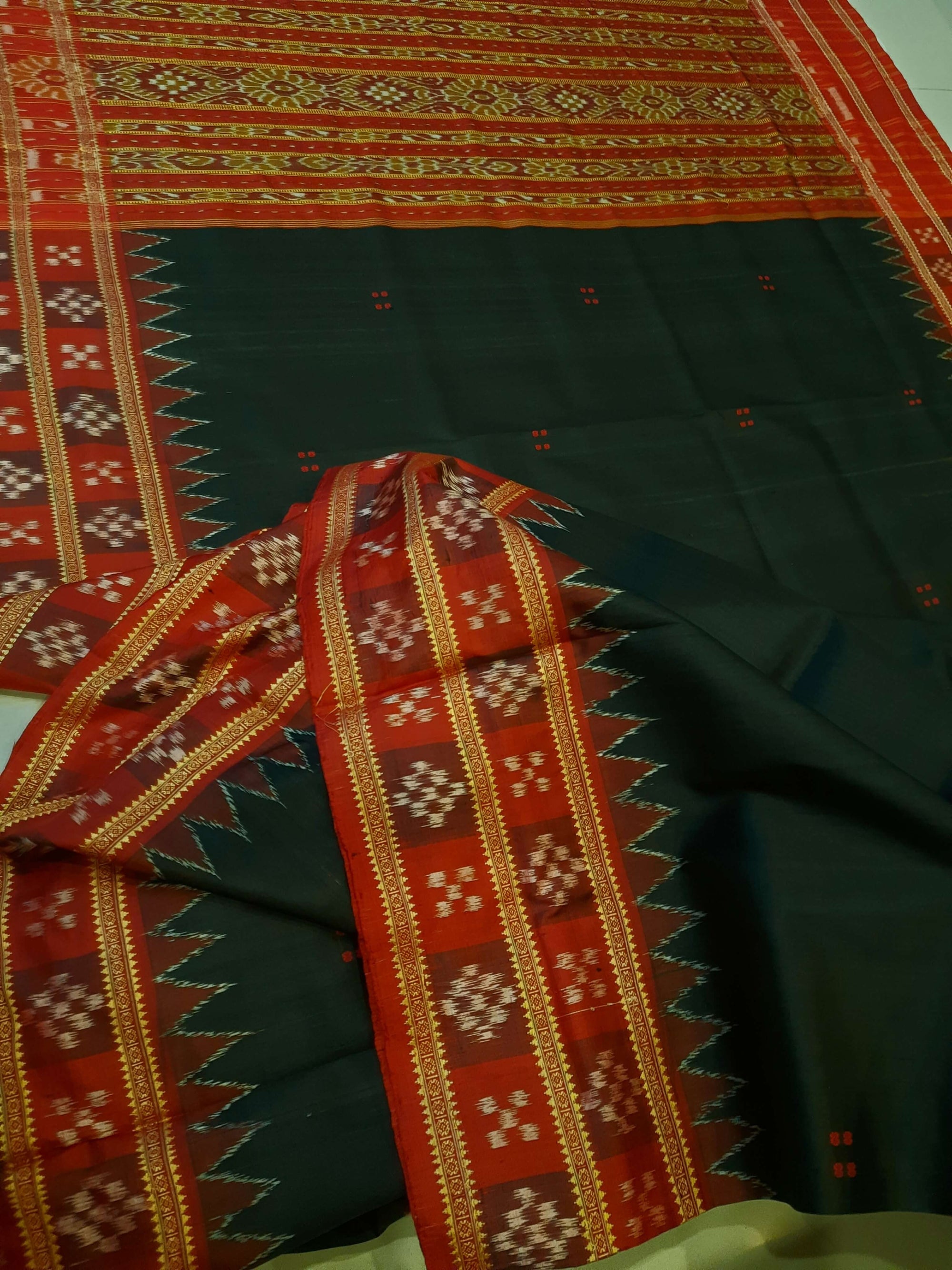 Black Red Double Border Odisha Khandua Pata Silk Saree with cotton ikat blouse piece