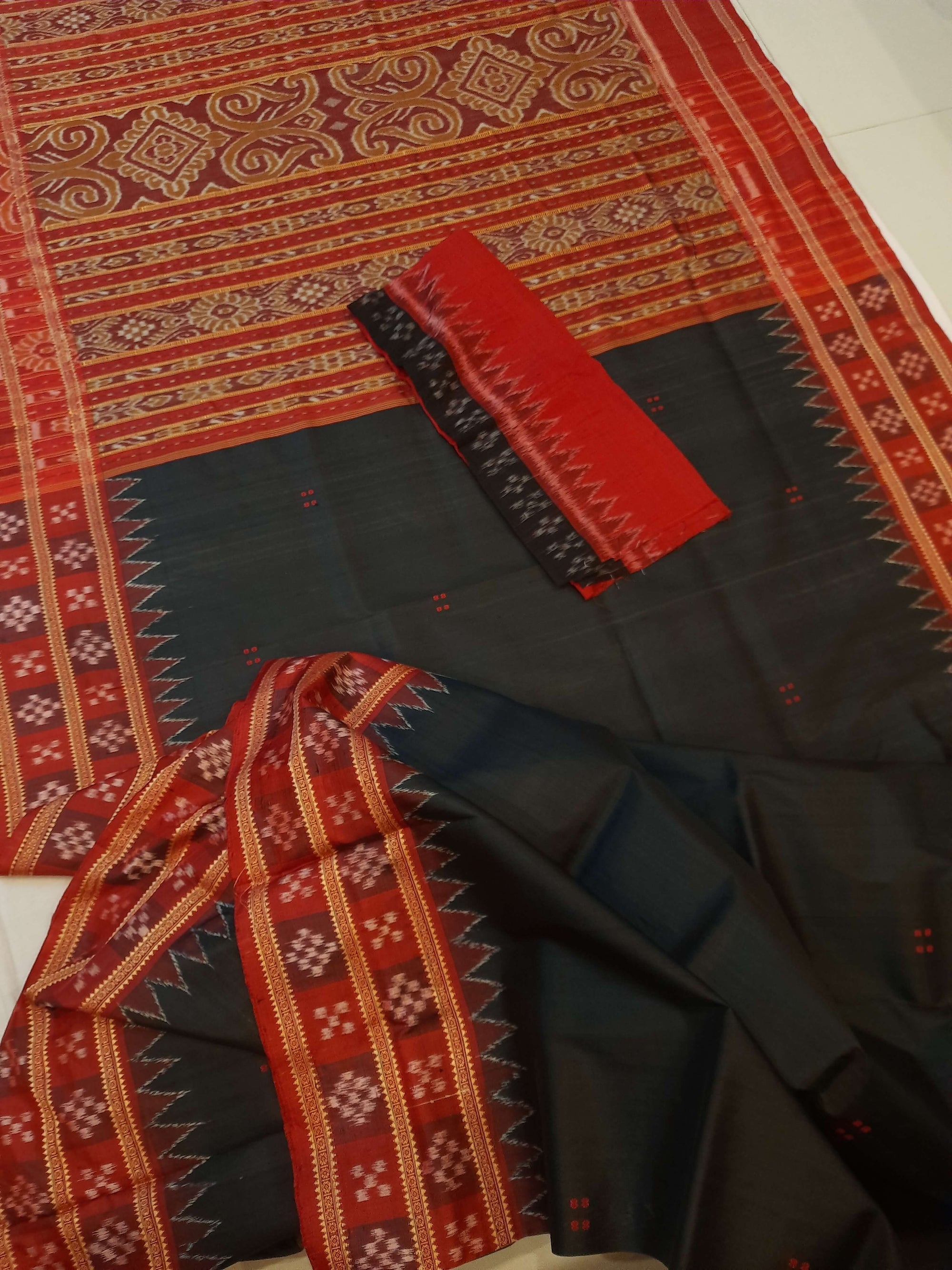 Black Red Double Border Odisha Khandua Pata Silk Saree with cotton ikat blouse piece