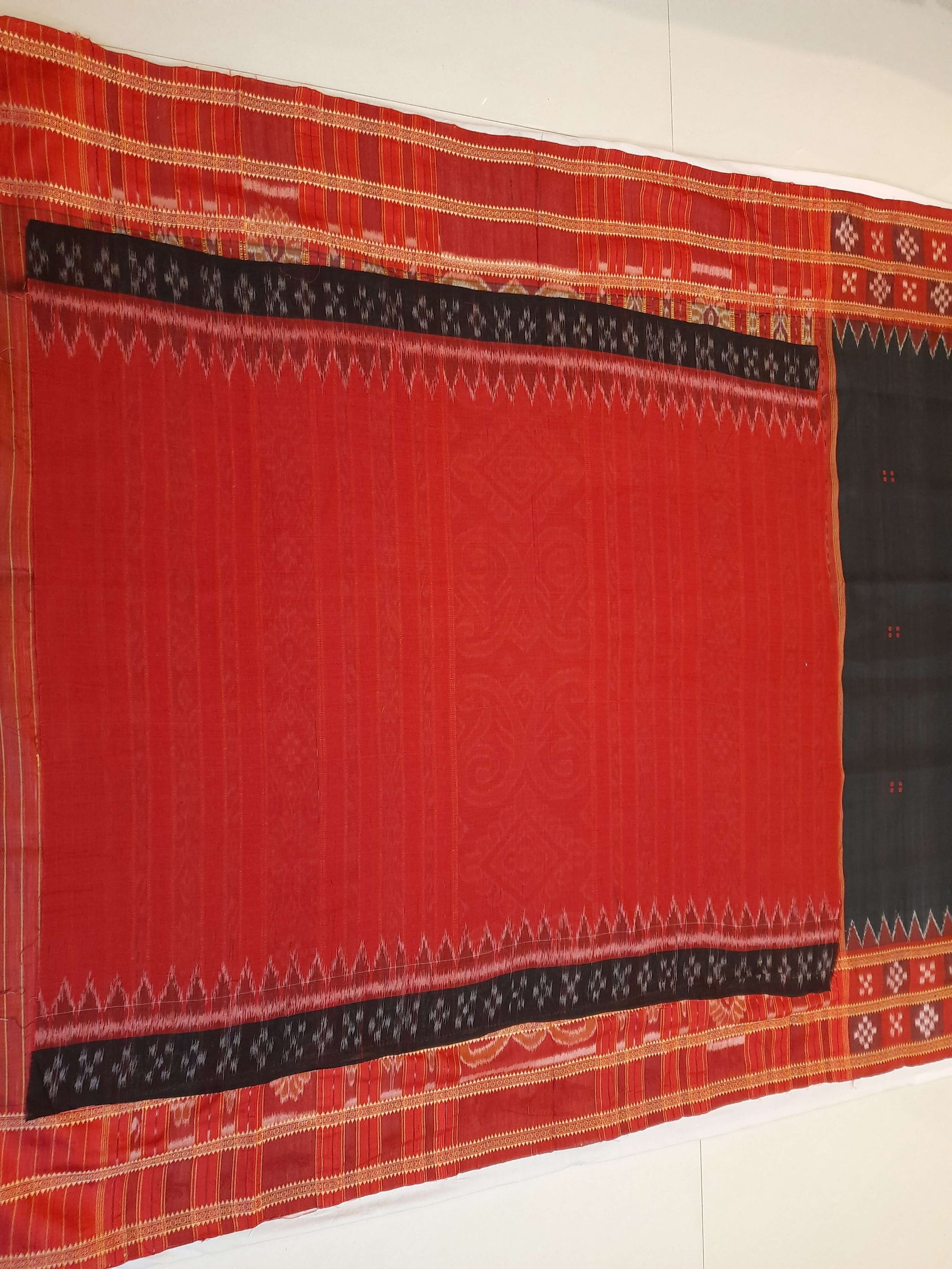Black Red Double Border Odisha Khandua Pata Silk Saree with cotton ikat blouse piece