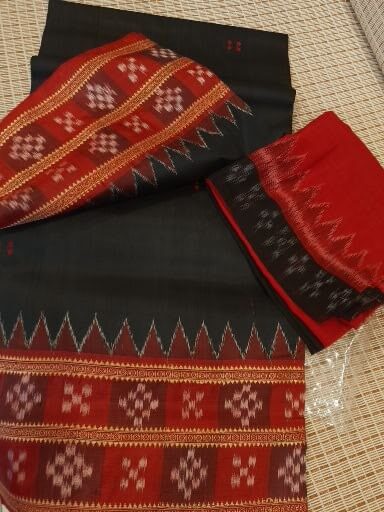 Black Red Double Border Odisha Khandua Pata Silk Saree with cotton ikat blouse piece