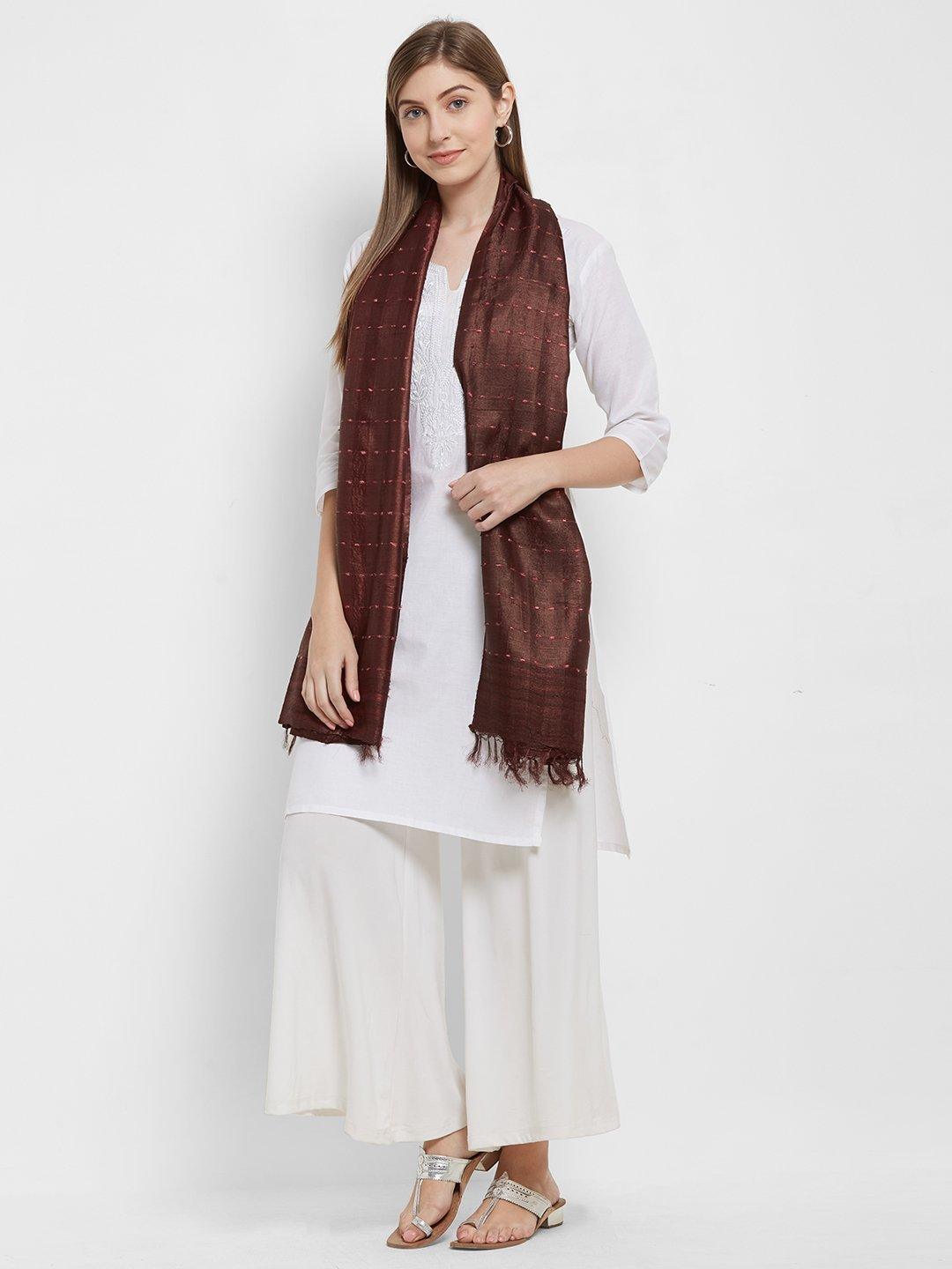 Pinkish Brown Tussar Silk Ikat Stole