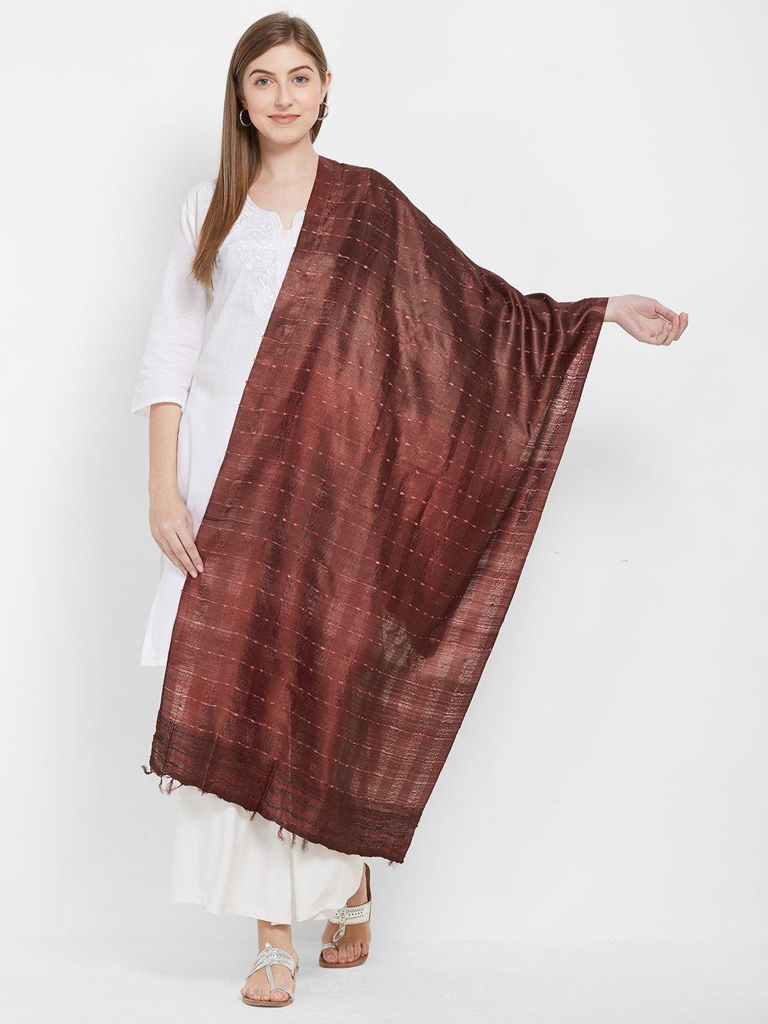 Pinkish Brown Tussar Silk Ikat Stole