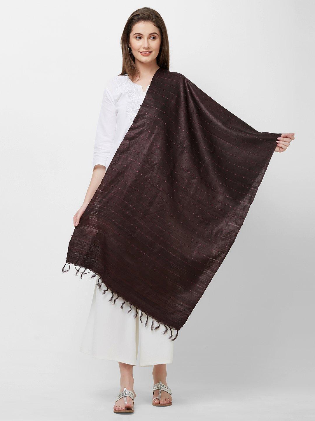 Dark Brown Tussar Silk Ikat Stole