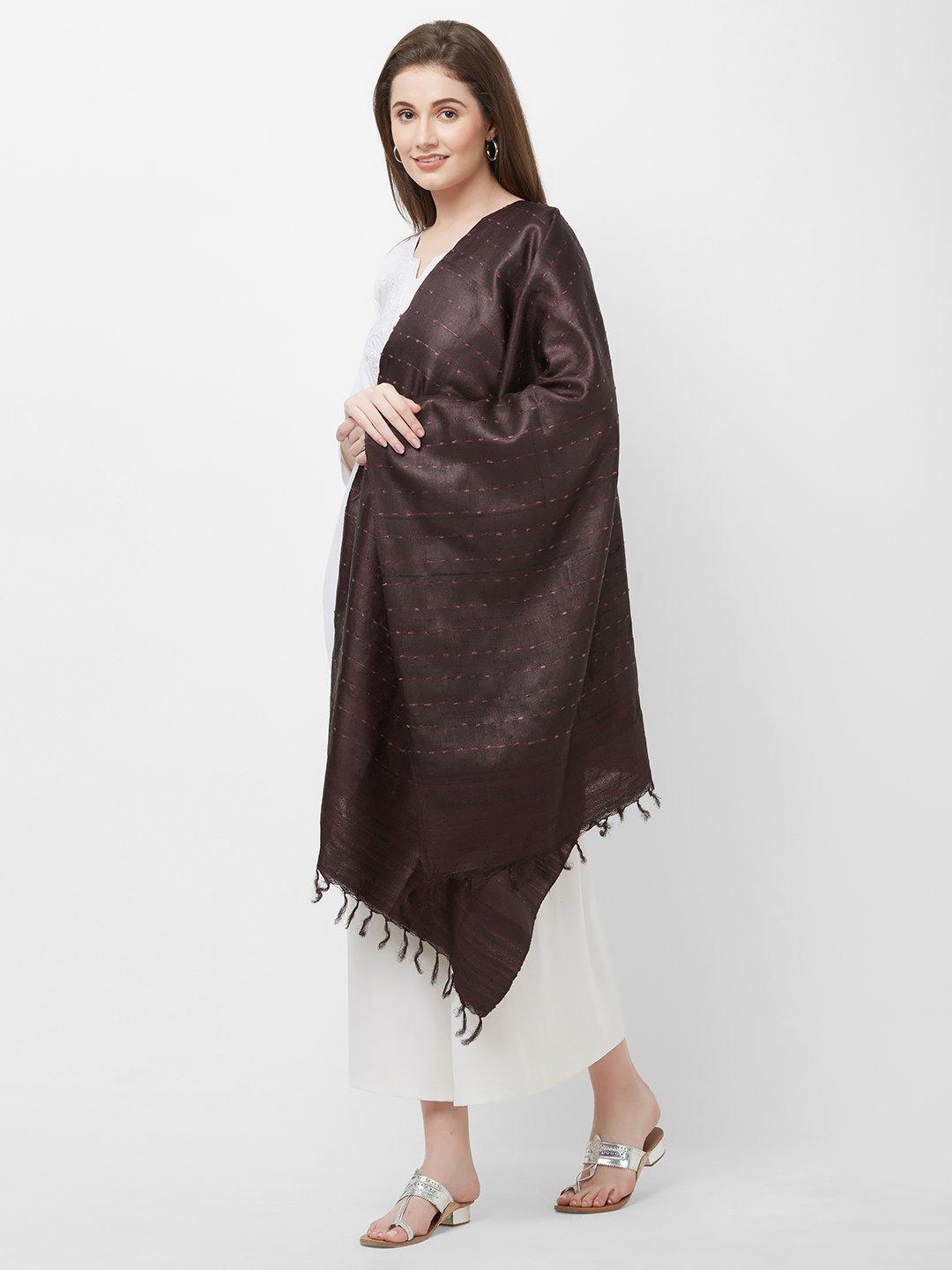 Dark Brown Tussar Silk Ikat Stole