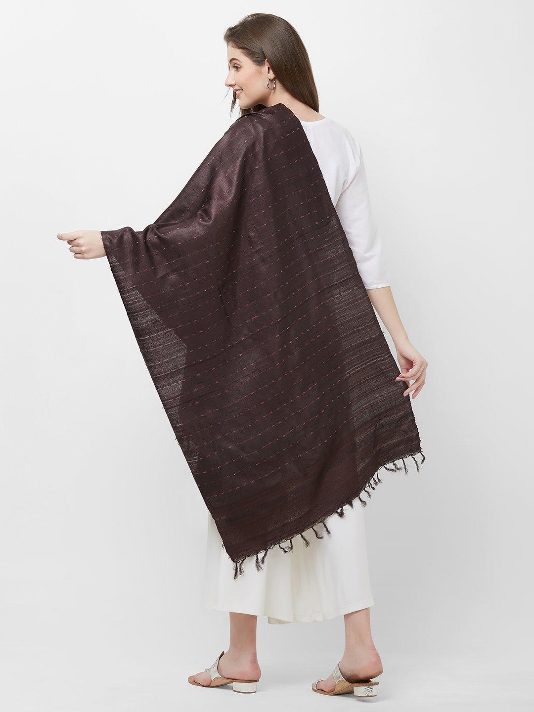 Dark Brown Tussar Silk Ikat Stole