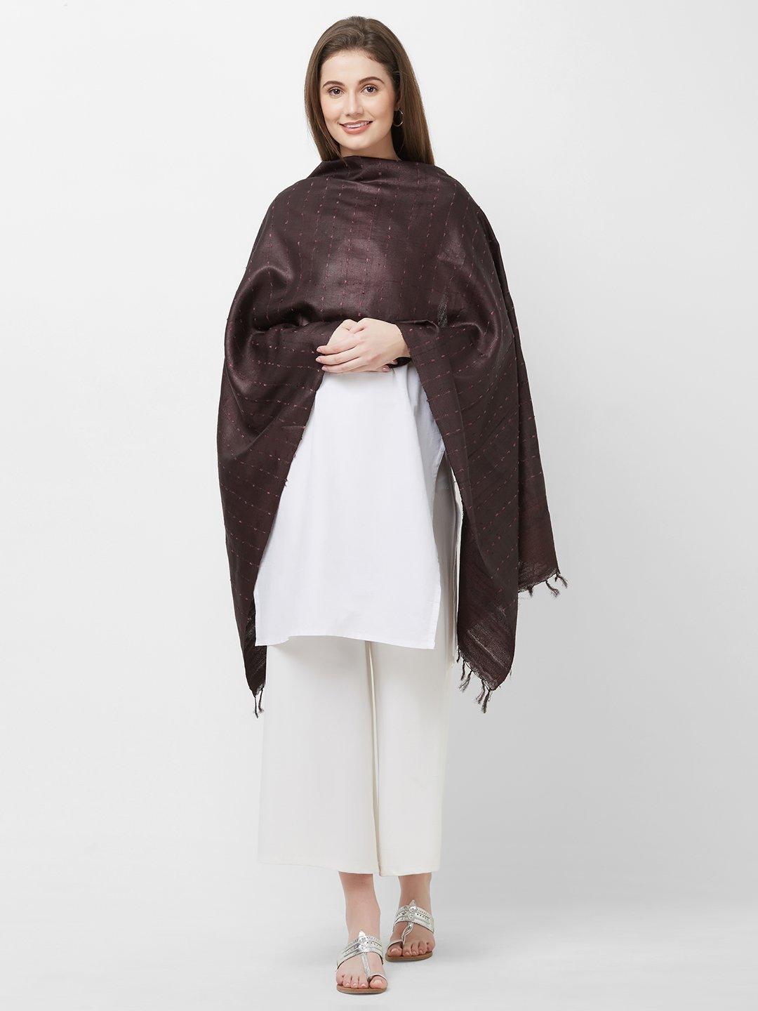 Dark Brown Tussar Silk Ikat Stole
