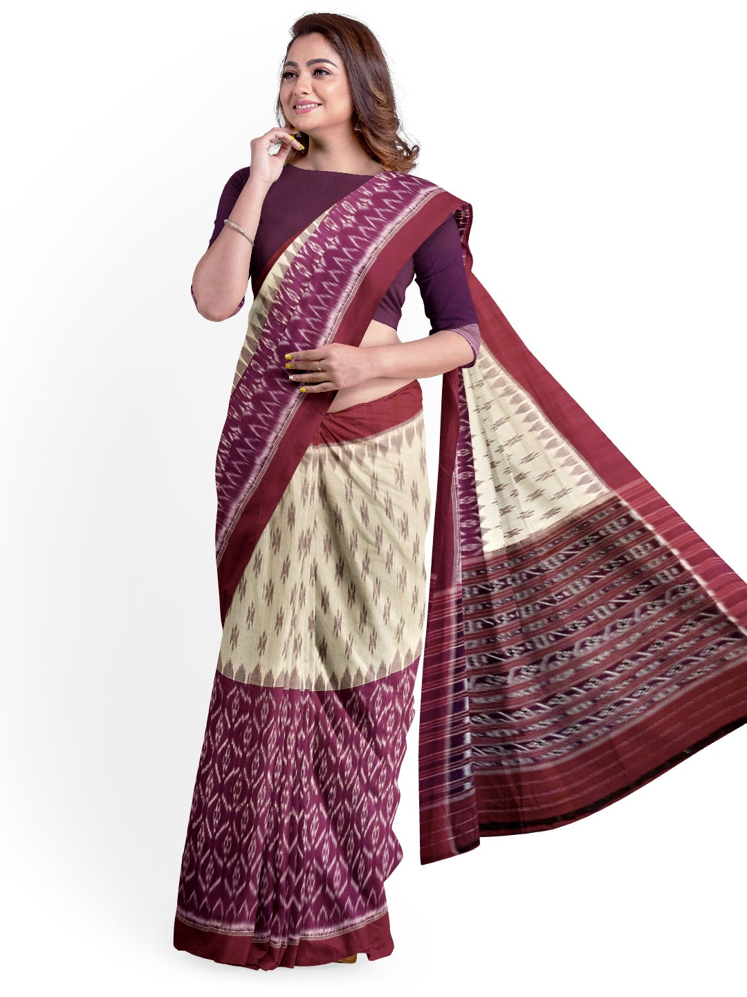 Beige and Purple combination Odisha Ikat saree  with cotton ikat blouse piece