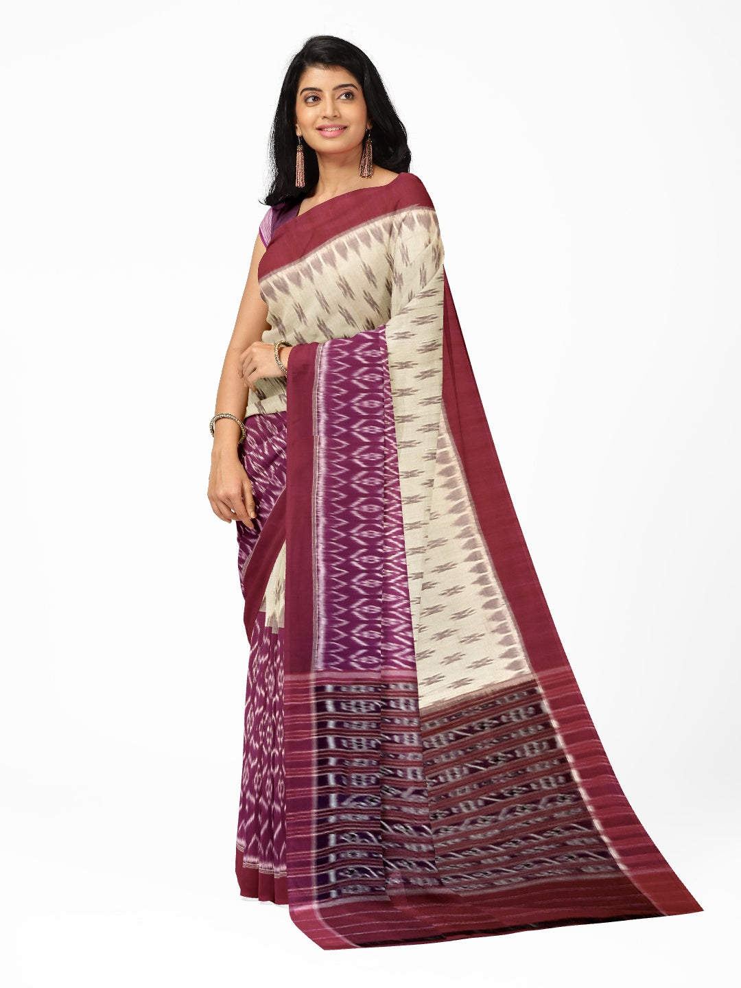 Beige and Purple combination Odisha Ikat saree  with cotton ikat blouse piece