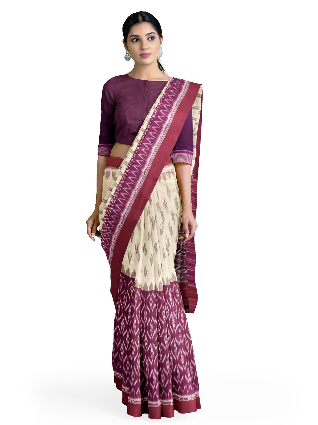 Beige and Purple combination Odisha Ikat saree  with cotton ikat blouse piece