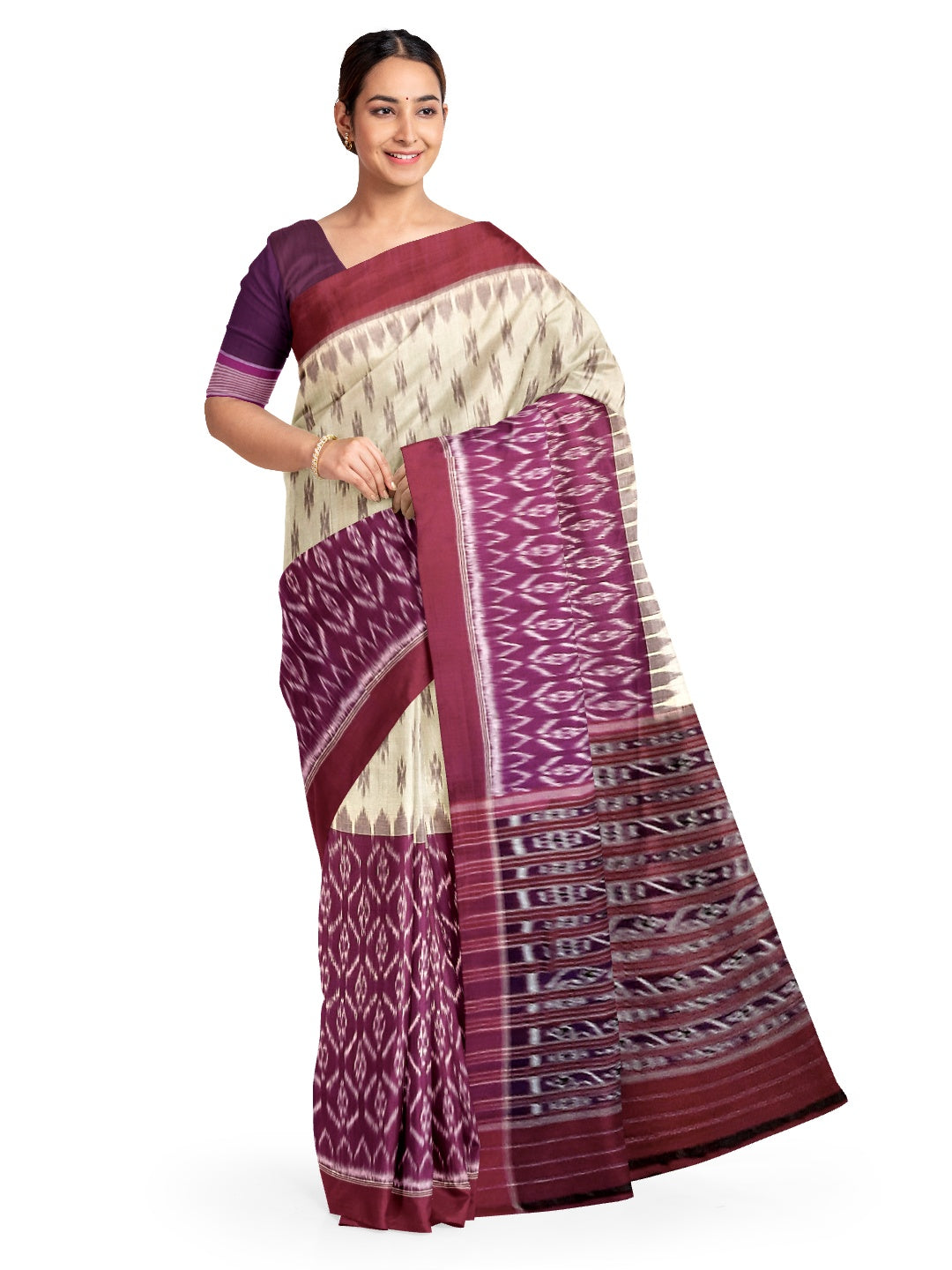 Beige and Purple combination Odisha Ikat saree  with cotton ikat blouse piece