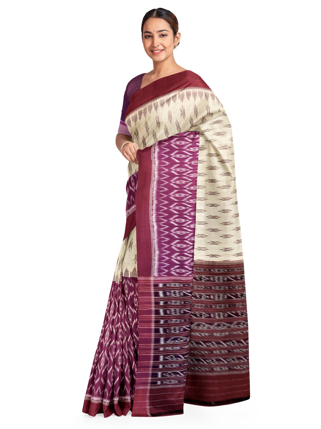 Beige and Purple combination Odisha Ikat saree  with cotton ikat blouse piece
