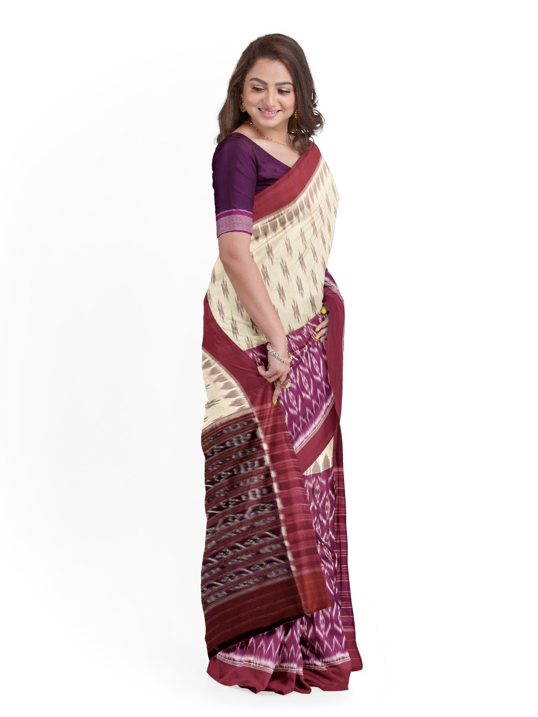 Beige and Purple combination Odisha Ikat saree  with cotton ikat blouse piece