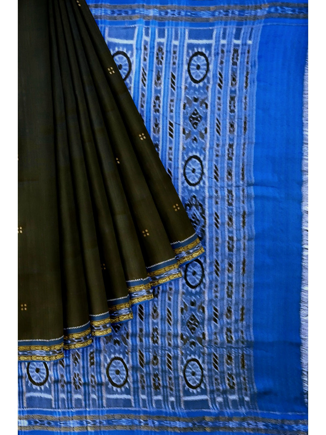 Black with Blue Fish motif Odisha Khandua Patta Silk Saree paired with cotton ikat blouse piece