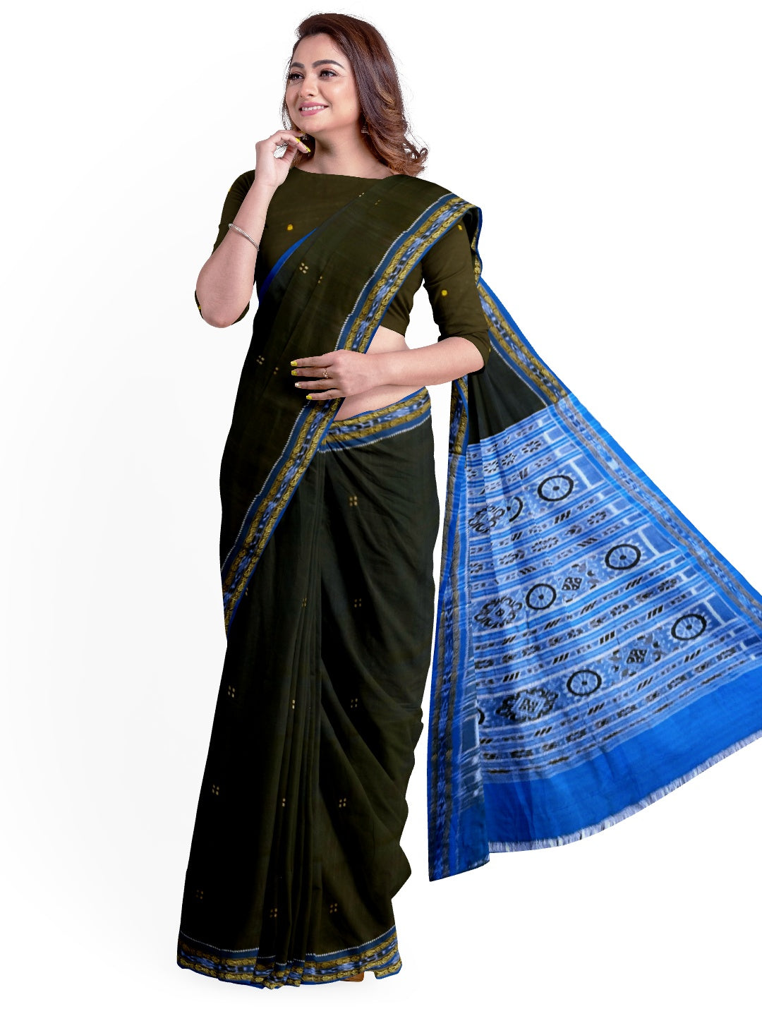Black with Blue Fish motif Odisha Khandua Patta Silk Saree paired with cotton ikat blouse piece