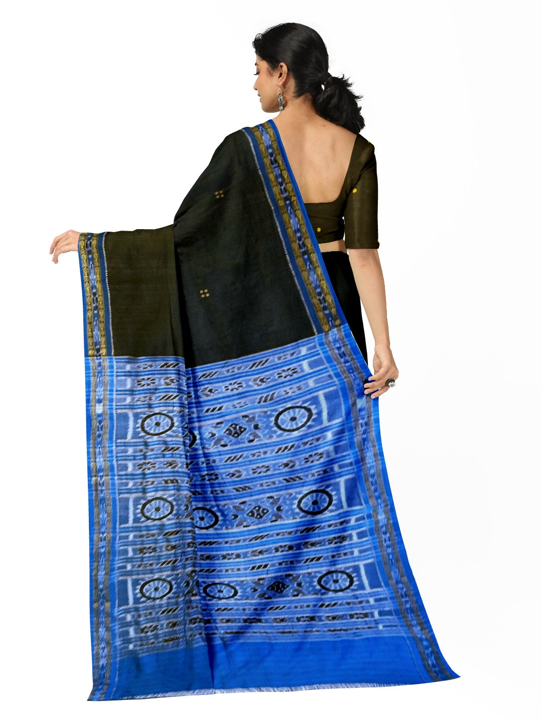 Black with Blue Fish motif Odisha Khandua Patta Silk Saree paired with cotton ikat blouse piece