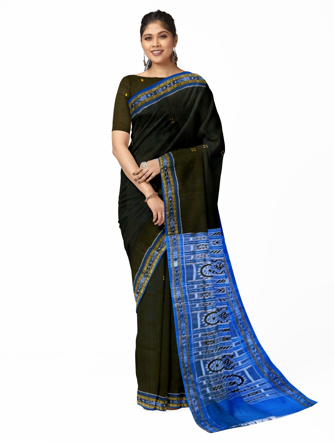 Black with Blue Fish motif Odisha Khandua Patta Silk Saree paired with cotton ikat blouse piece