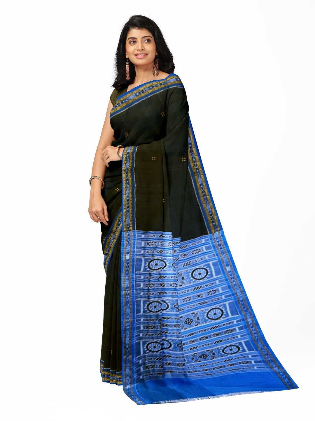 Black with Blue Fish motif Odisha Khandua Patta Silk Saree paired with cotton ikat blouse piece