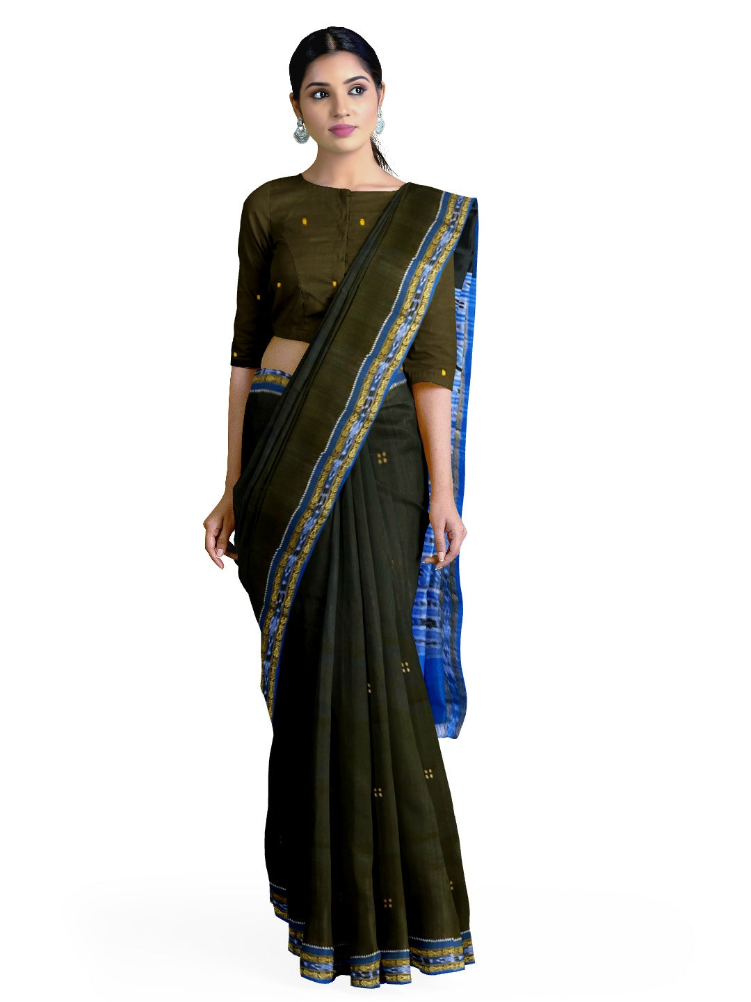 Black with Blue Fish motif Odisha Khandua Patta Silk Saree paired with cotton ikat blouse piece