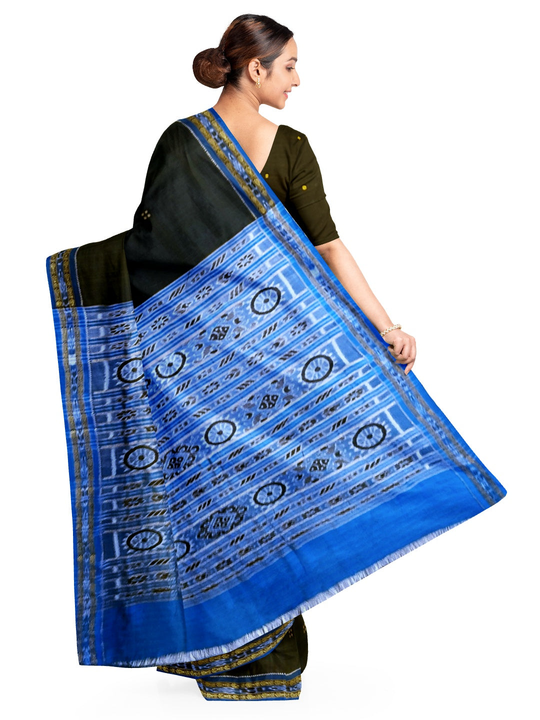 Black with Blue Fish motif Odisha Khandua Patta Silk Saree paired with cotton ikat blouse piece