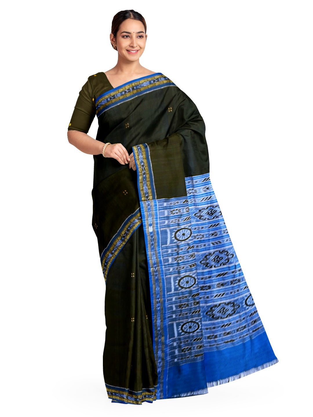 Black with Blue Fish motif Odisha Khandua Patta Silk Saree paired with cotton ikat blouse piece