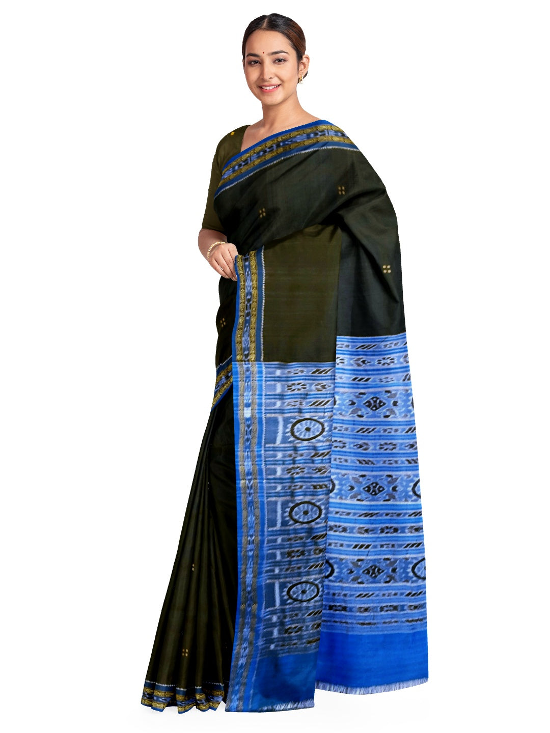Black with Blue Fish motif Odisha Khandua Patta Silk Saree paired with cotton ikat blouse piece