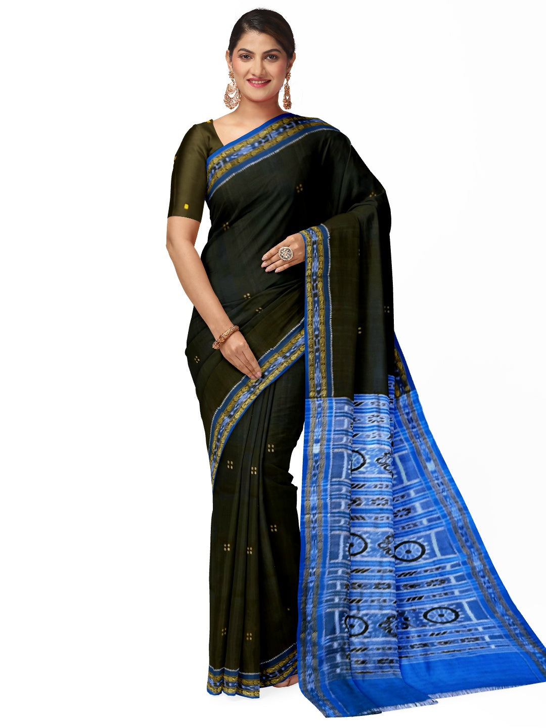 Black with Blue Fish motif Odisha Khandua Patta Silk Saree paired with cotton ikat blouse piece
