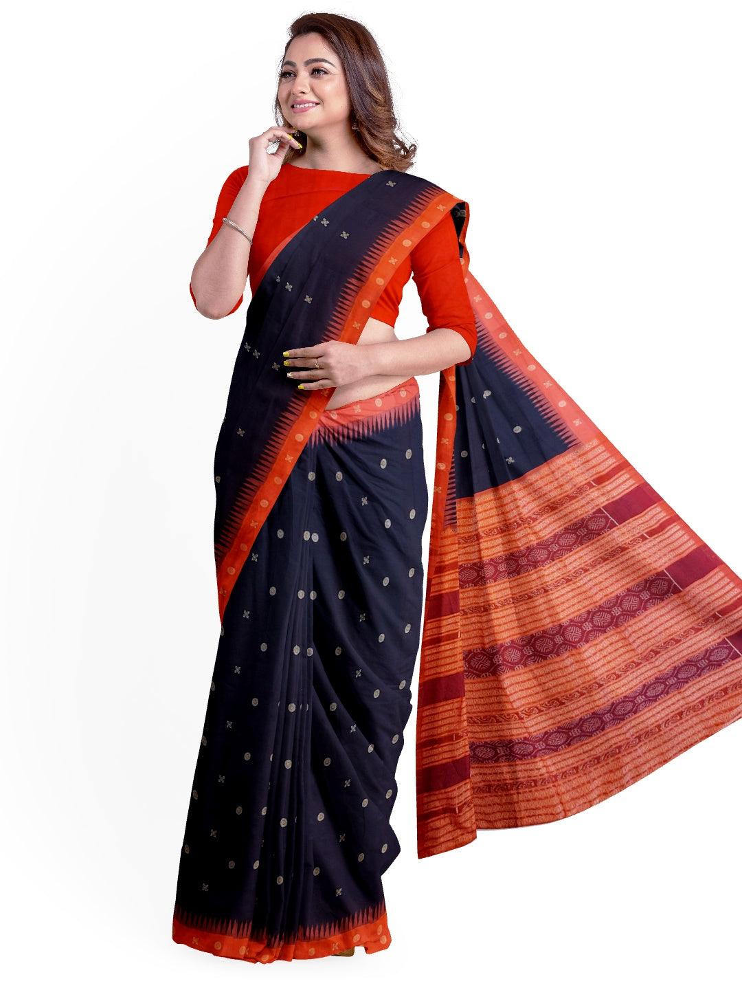 Black with Tamoto Red Sambalpuri Silk Saree with running plain blouse piece