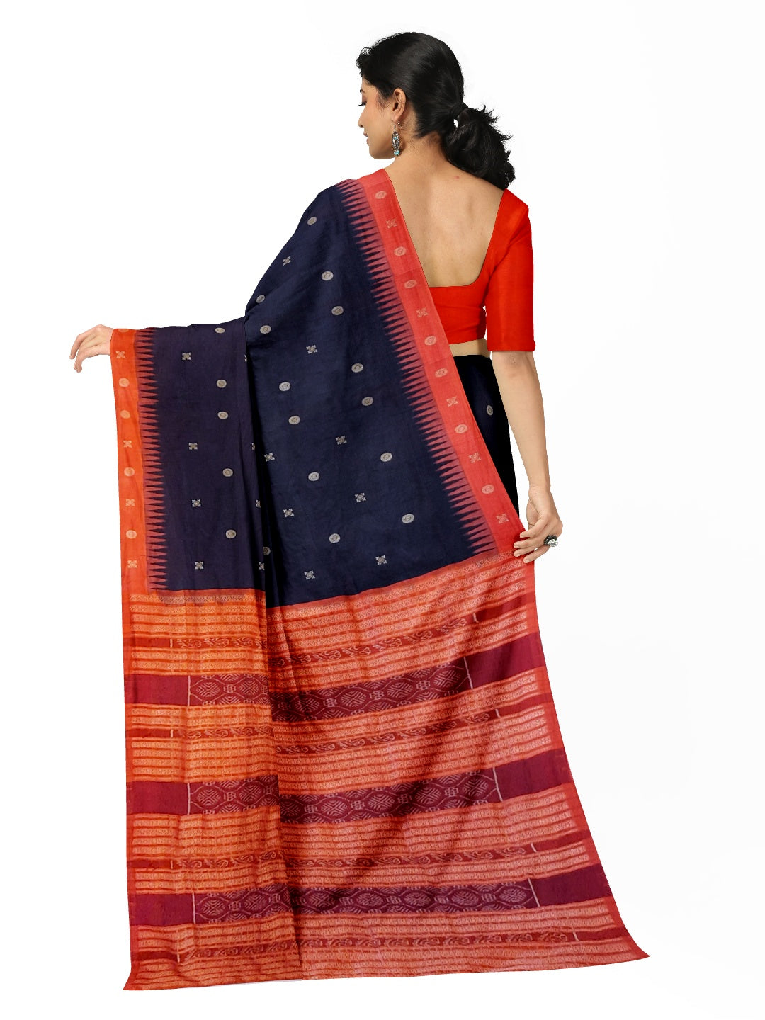 Black with Tamoto Red Sambalpuri Silk Saree with running plain blouse piece