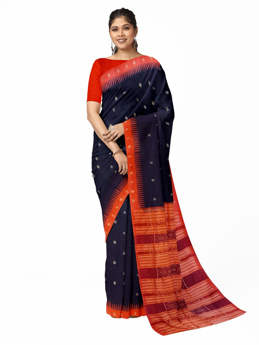 Black with Tamoto Red Sambalpuri Silk Saree with running plain blouse piece