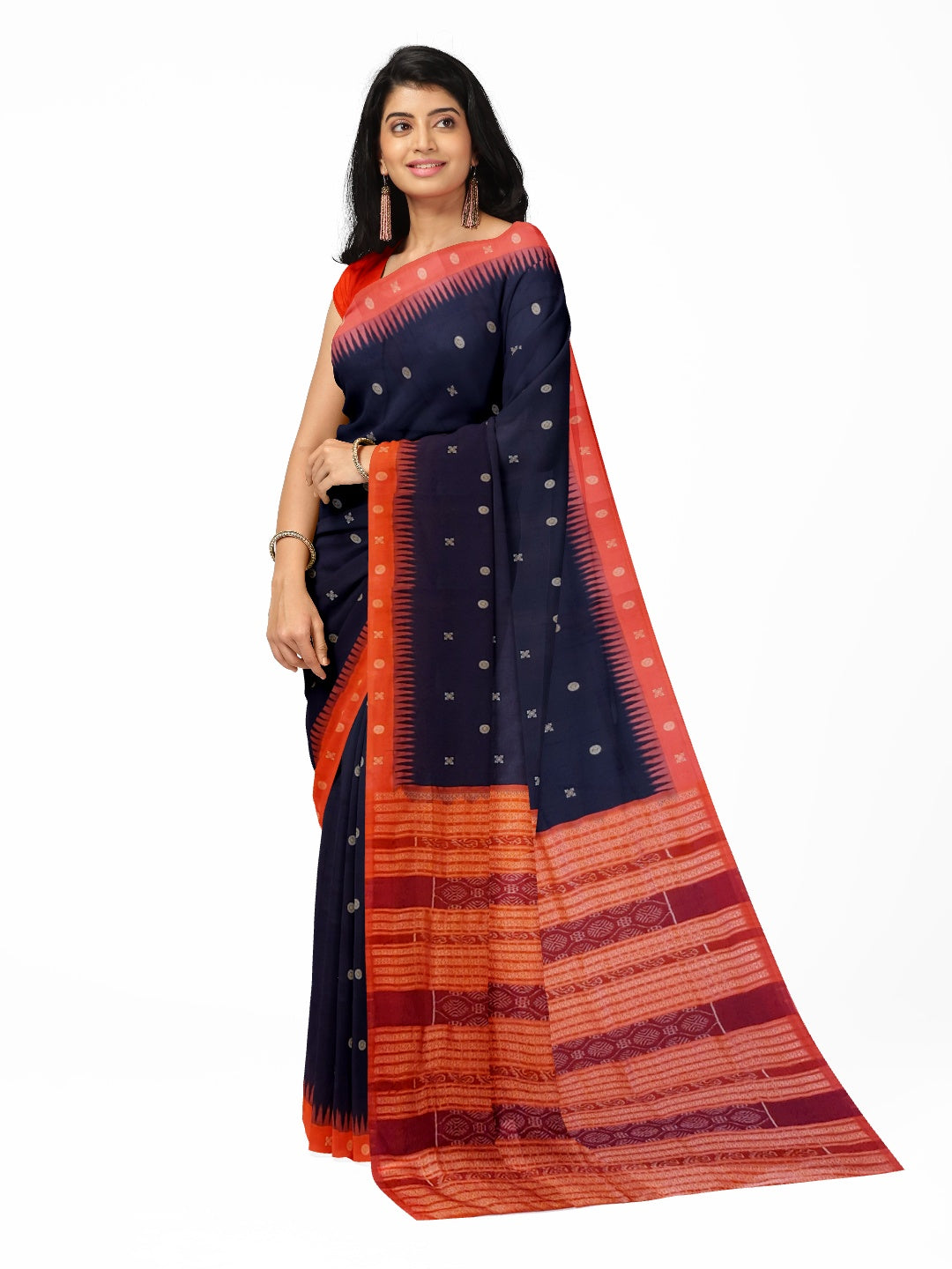 Black with Tamoto Red Sambalpuri Silk Saree with running plain blouse piece