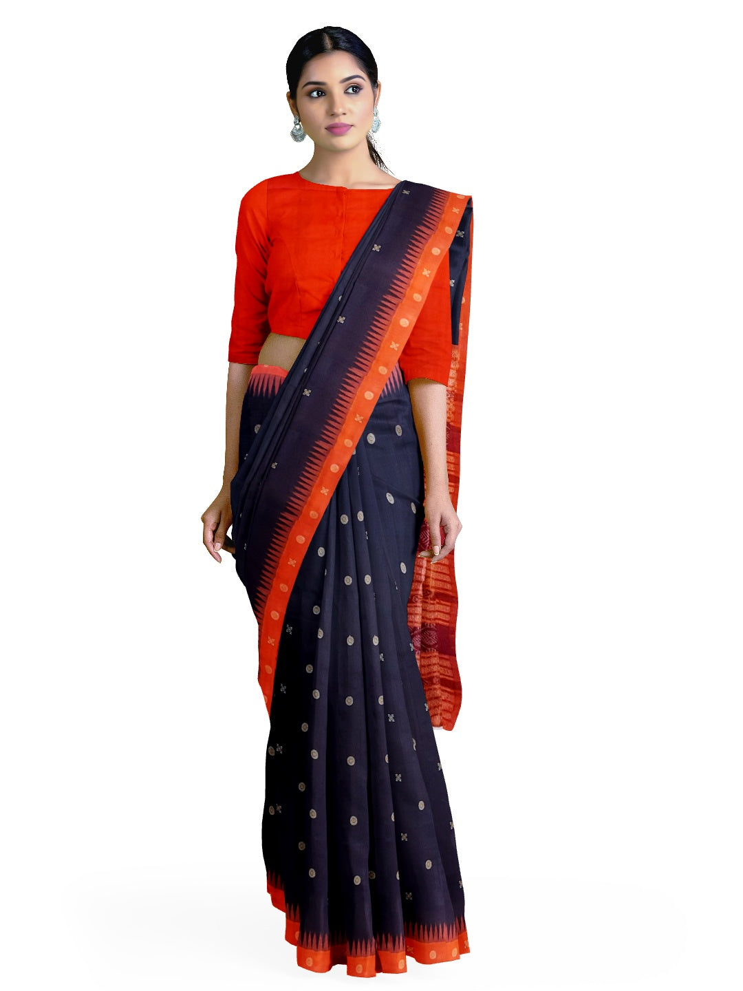 Black with Tamoto Red Sambalpuri Silk Saree with running plain blouse piece