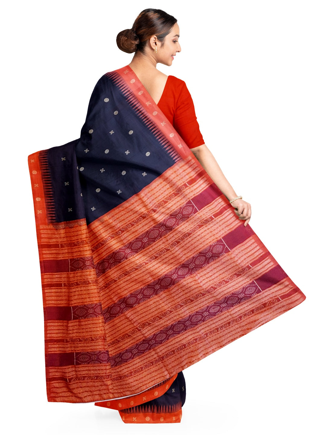 Black with Tamoto Red Sambalpuri Silk Saree with running plain blouse piece