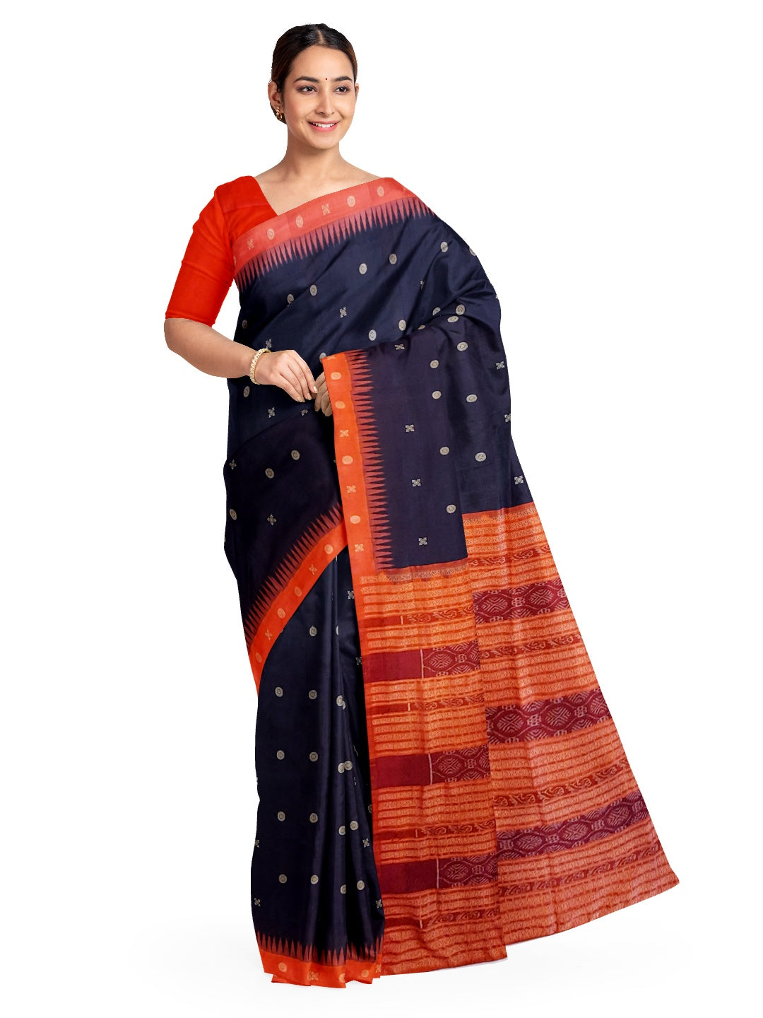 Black with Tamoto Red Sambalpuri Silk Saree with running plain blouse piece