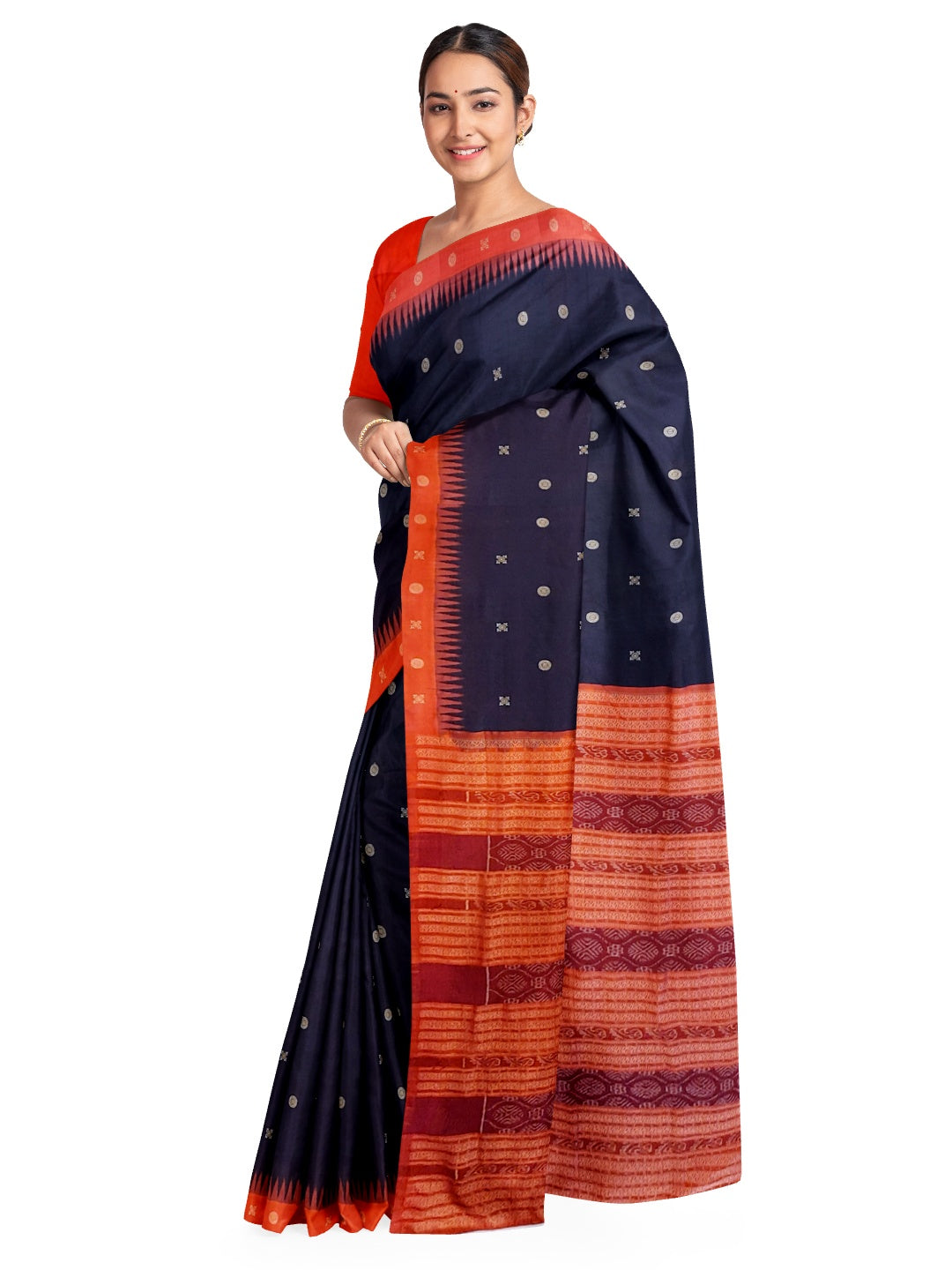 Black with Tamoto Red Sambalpuri Silk Saree with running plain blouse piece