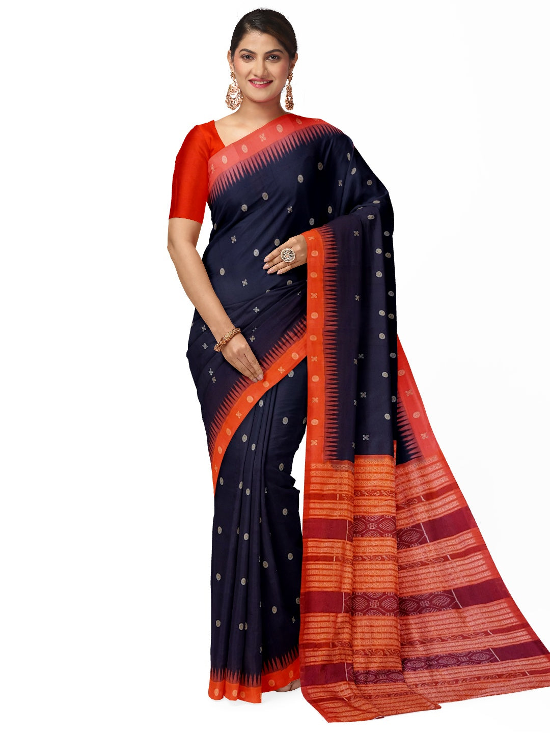 Black with Tamoto Red Sambalpuri Silk Saree with running plain blouse piece