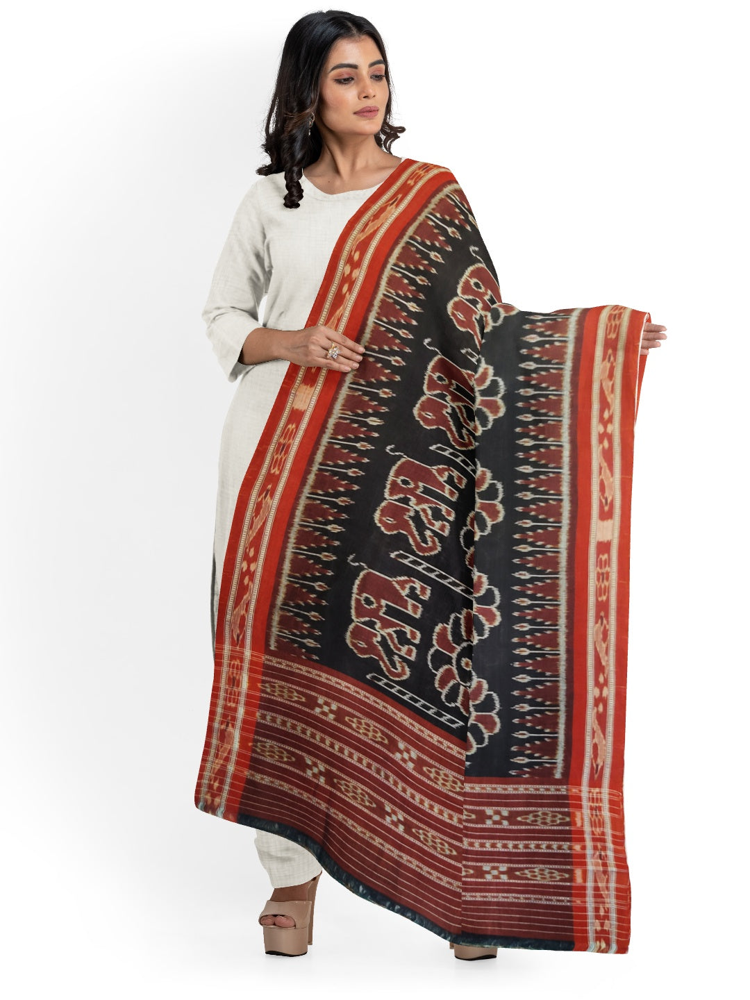 Black Cotton ikat Dupatta with elephant and flower motifs woven